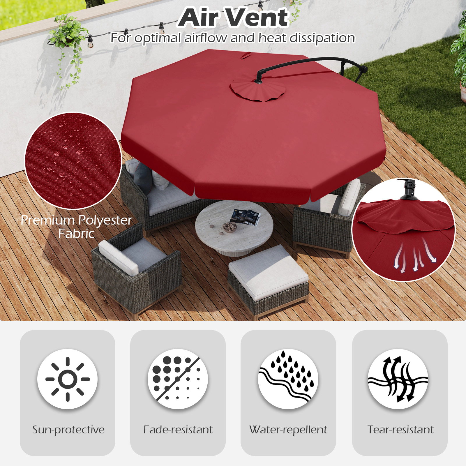 SUGIFT 10-ft Wine Offset Cantilever Patio Umbrella with Ruffled Edge 45-Degree Tilt and Zippered Cover