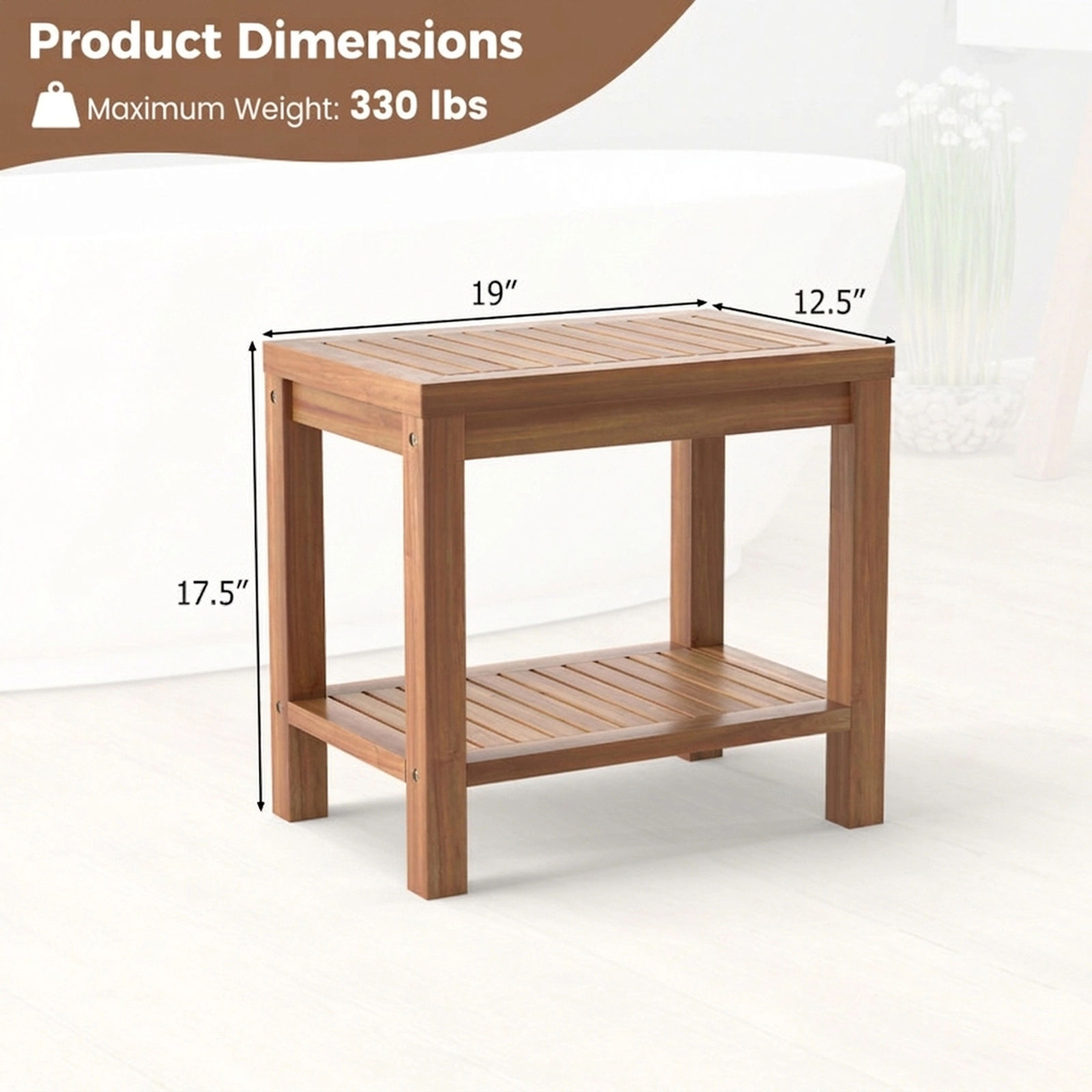 SUGIFT 2-Tier Compact Slatted Storage Shelf Teak Wood Shower Bench 19-in x 12.5-in 330-lb Capacity Natural