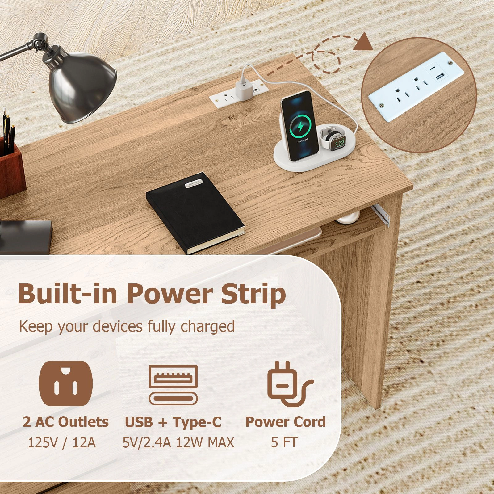 SlickBlue Computer Desk with Charging Station and 3 Drawers