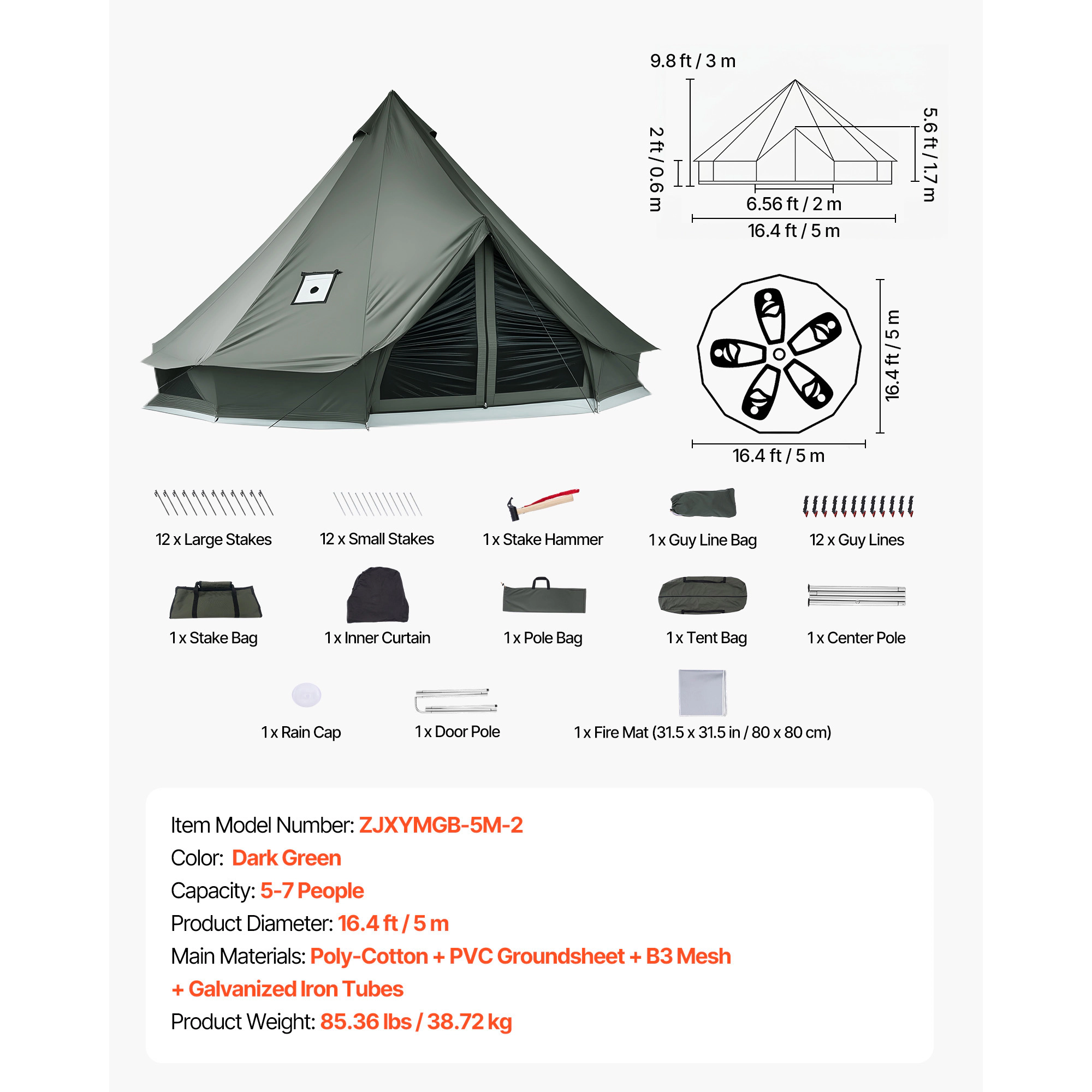 HONGGE Canvas Bell Tent 4 Seasons Yurt Tent for Camping with Stove Jack Canvas Breathable Holds with Zipped Detachable