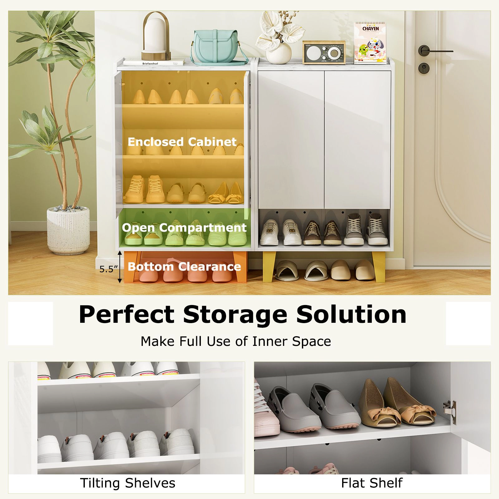 SlickBlue Modern Shoe Cabinet with Faux Marble Top and Tilting Shelves White