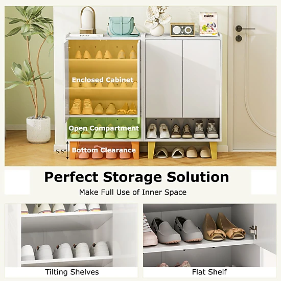 SlickBlue Modern Shoe Cabinet with Faux Marble Top and Tilting Shelves White