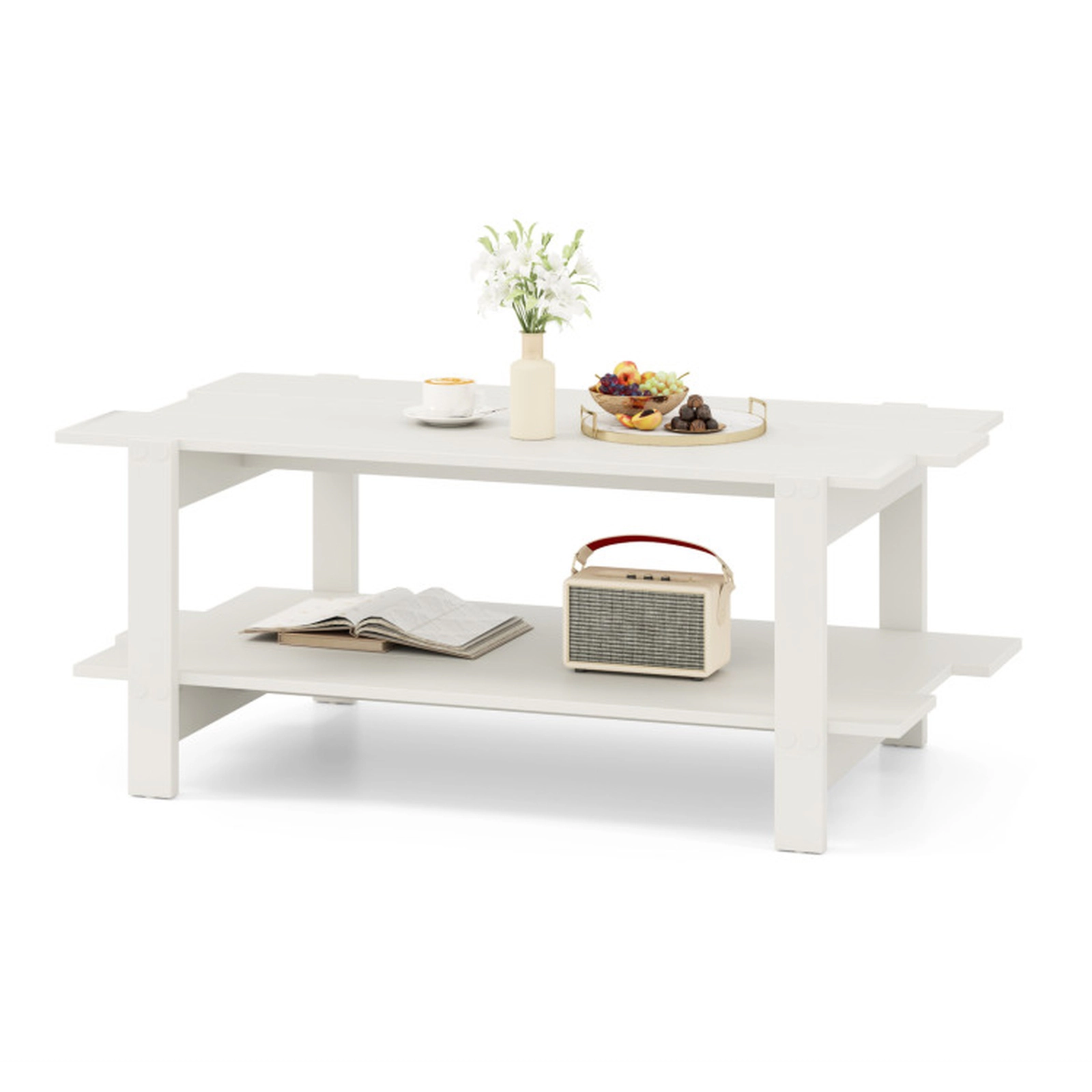 SUGIFT 2-Tier Slatted Top Open Shelf Engineered Wood Coffee Table 45-in x 23.5-in x 18.5-in 135-lb Capacity White