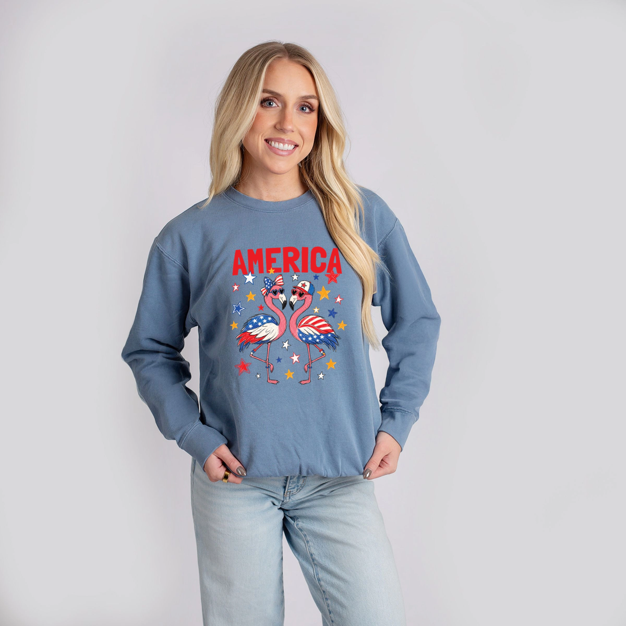 Simply Sage Market - America Flamingos Star Women's Lightweight Garment Dyed Sweatshirt