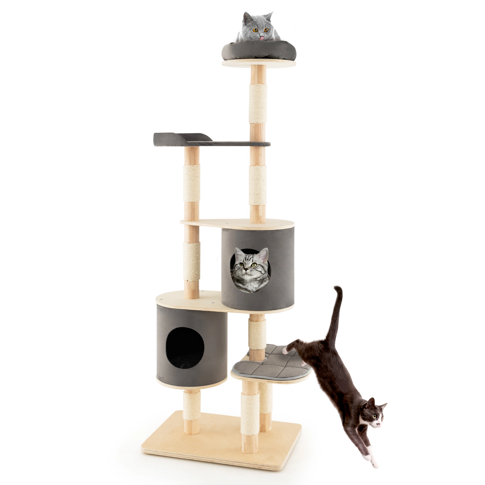 SUGIFT 6-Tier Wooden Cat Tree with 2 Removable Condos Platforms and Perch 35-lb Capacity 75-in Tall Natural & Gray