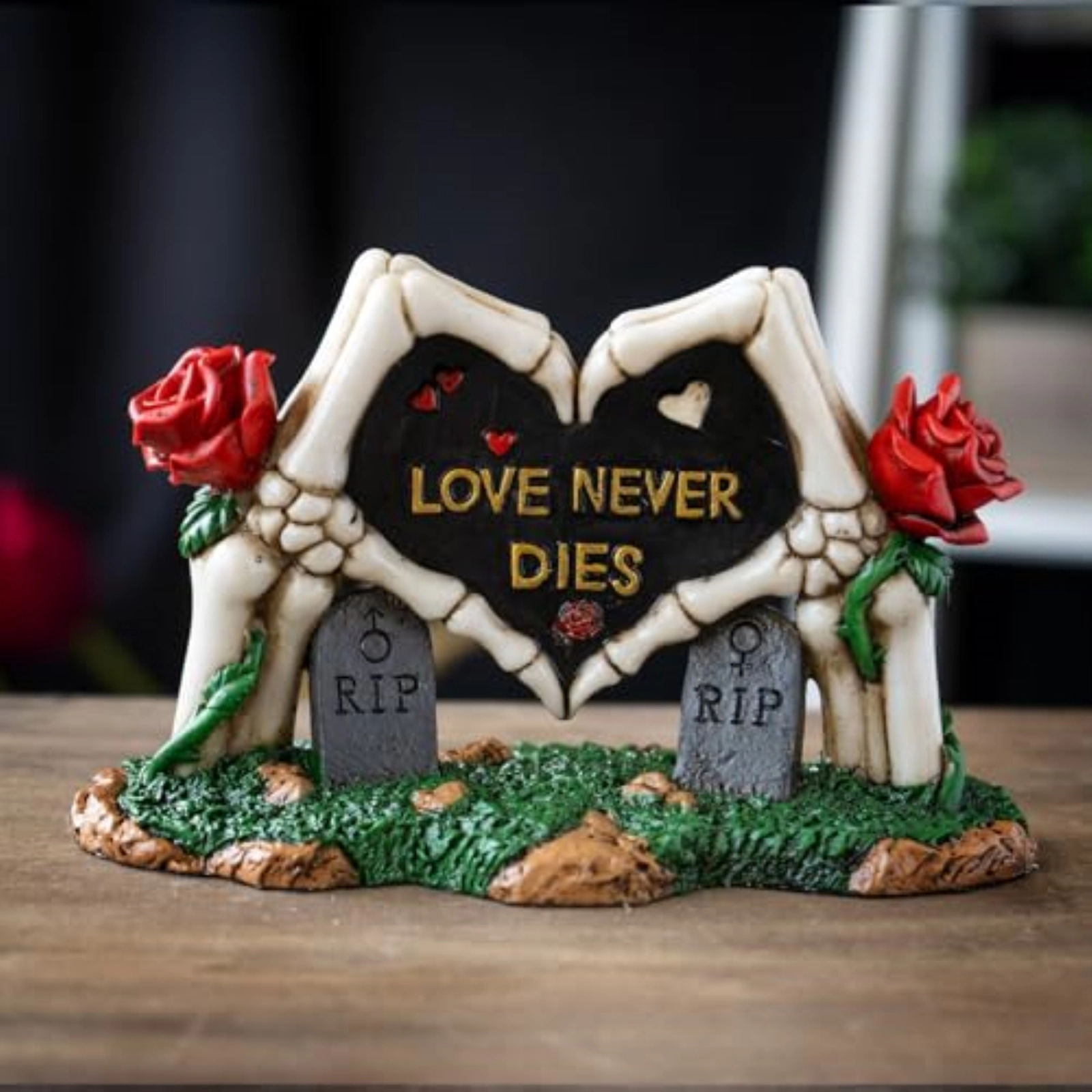 Pacific Giftware Skeleton Gravestone Figurine Love Never Dies Design with Roses Ideal for Gothic Decor Romance Lovers 6.3 inch