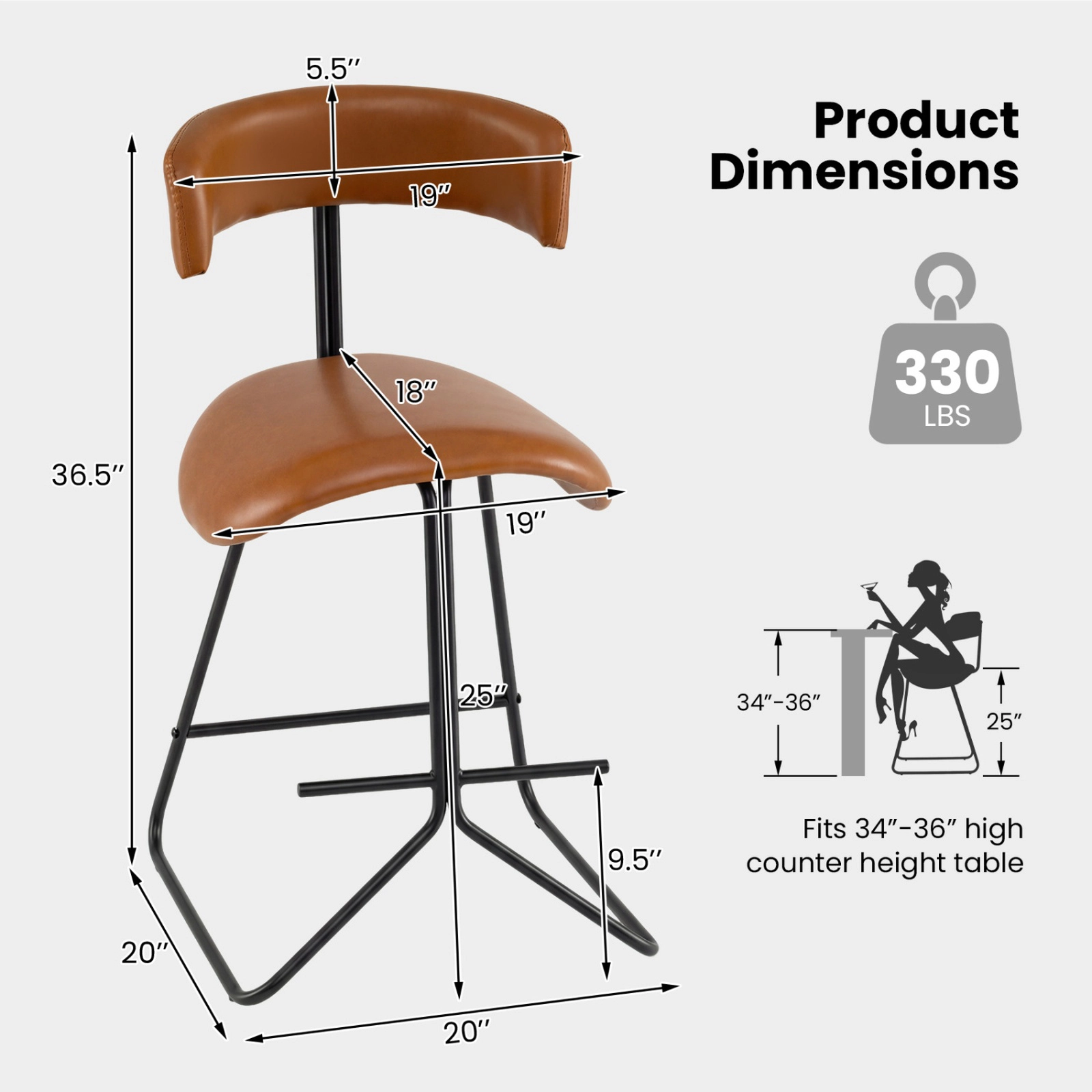 SUGIFT Set of 2 Modern Counter Height Stools Faux Leather Upholstered 330-lb Capacity Espresso and Black