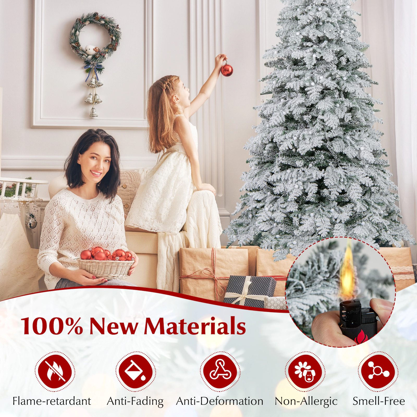 SUGIFT 6 ft Snow Flocked Pre-Lit Christmas Tree with 130 Twinkle Balls and 260 LED Lights