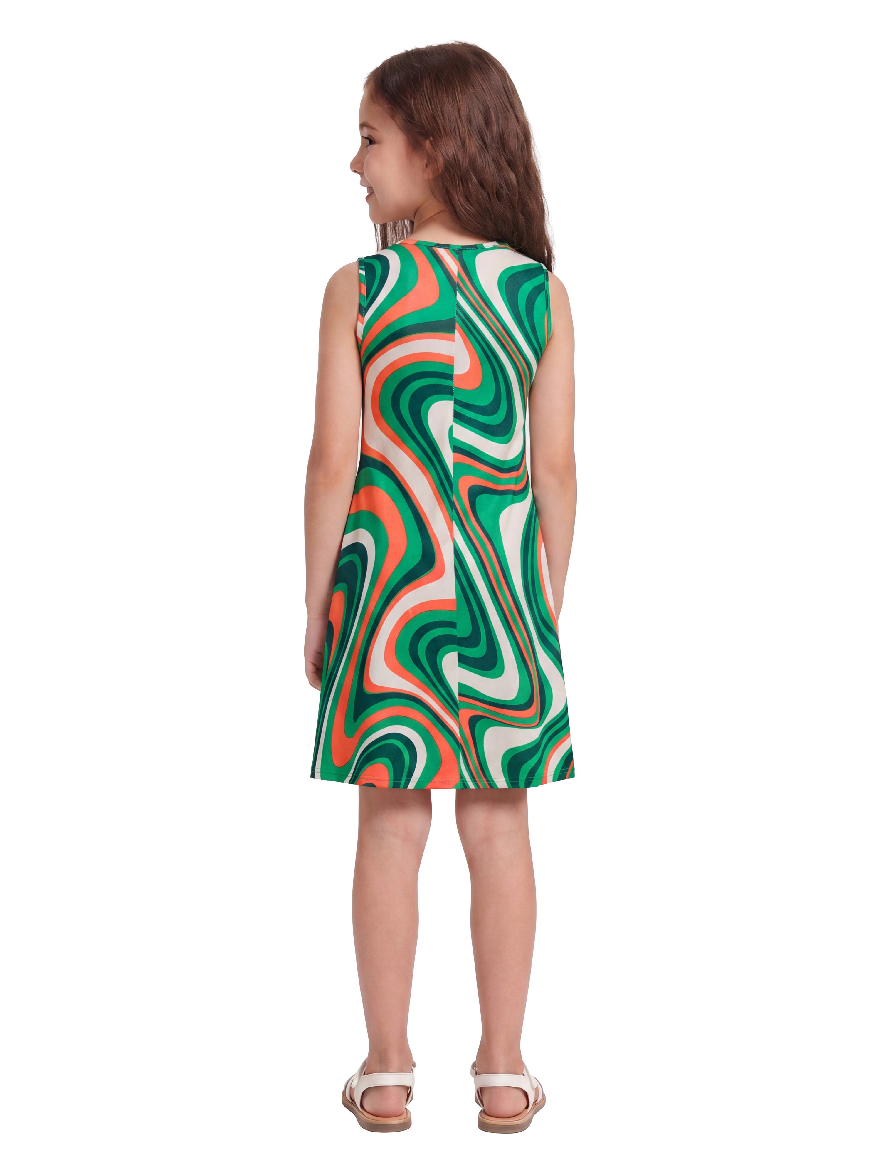 24sevenKid Essential Girls Green Print Sleeveless Pockets Dress