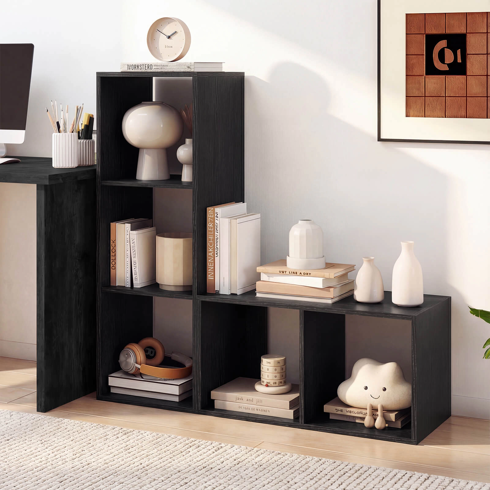 Costway 3-Cube Bookshelf,Modern Vertical Bookcase with Back Guardrail & Anti-tipping Kits Coffee