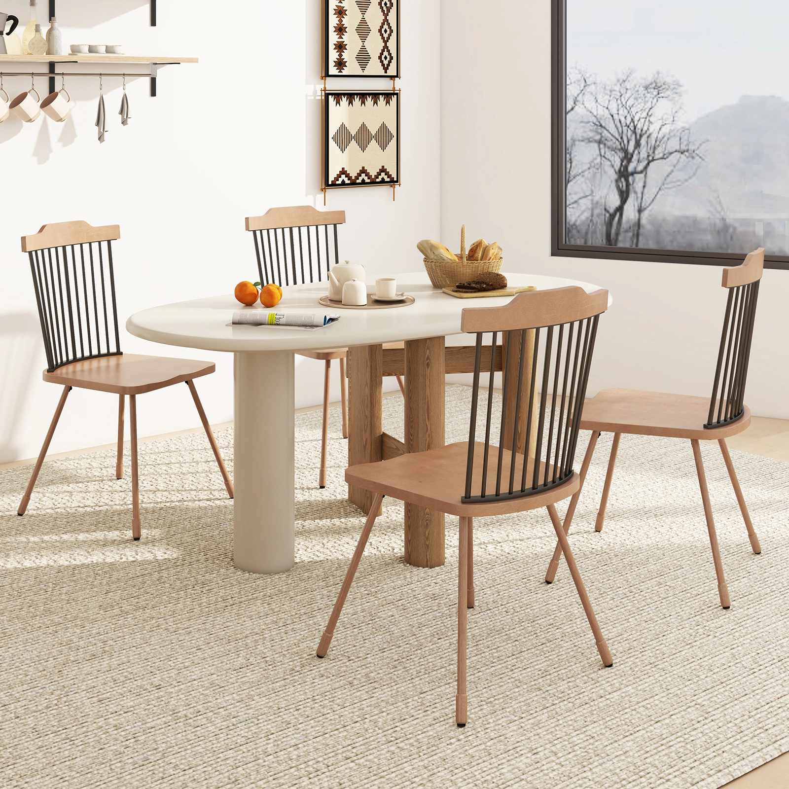 SUGIFT Spindle Back Dining Chair Set of 2 with Ergonomic Contoured Seat 350-lb Capacity Natural + Black