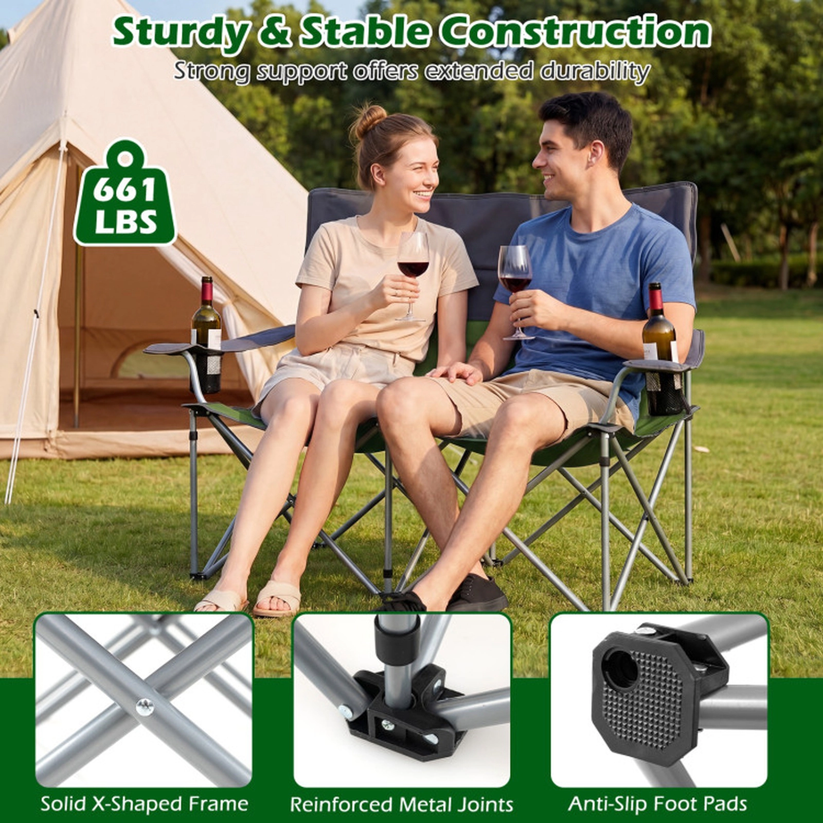 SUGIFT Folding Double Camping Chair with X-Shaped Metal Frame 660-lb Capacity Green with Carry Bag and Cup Holders