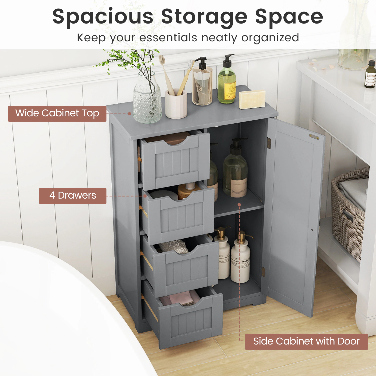 SlickBlue Freestanding Bathroom Floor Cabinet with 4 Drawers and Storage