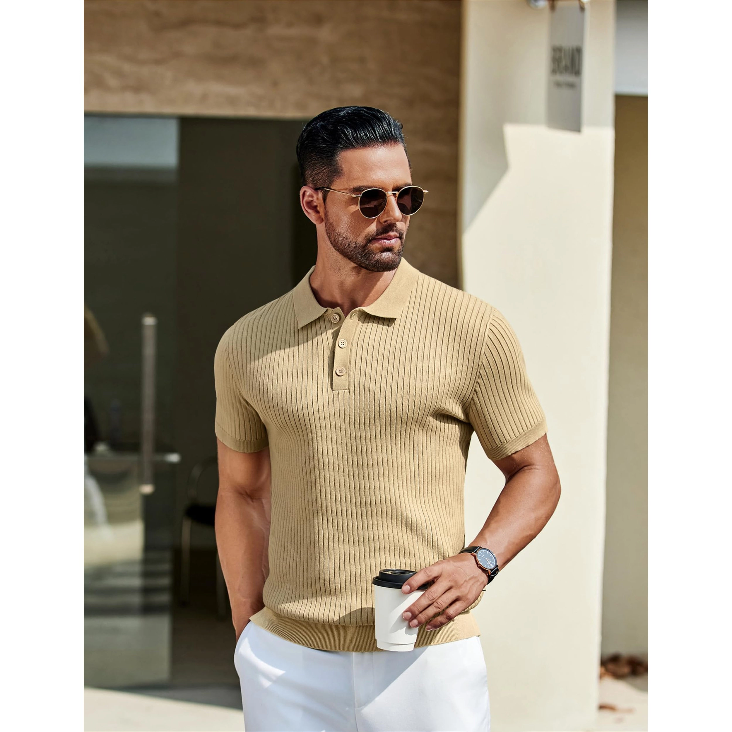 COOFANDY Men's Regular Fit Ribbed Knit Short Sleeve Polo Shirt