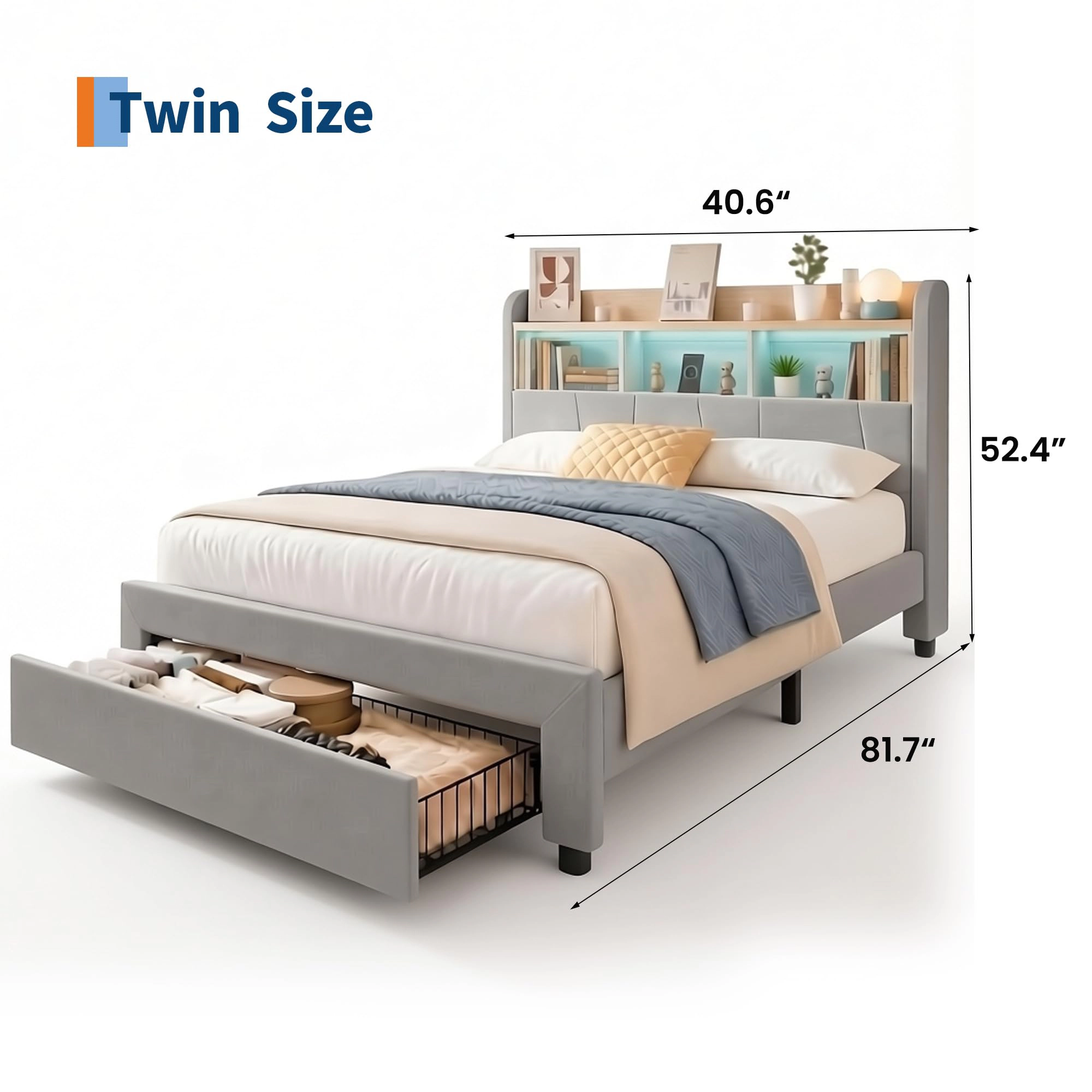 Linen Upholstered Platform Bed with 2 Drawers, Storage Headboard, Charging Station and RGB LED Lights