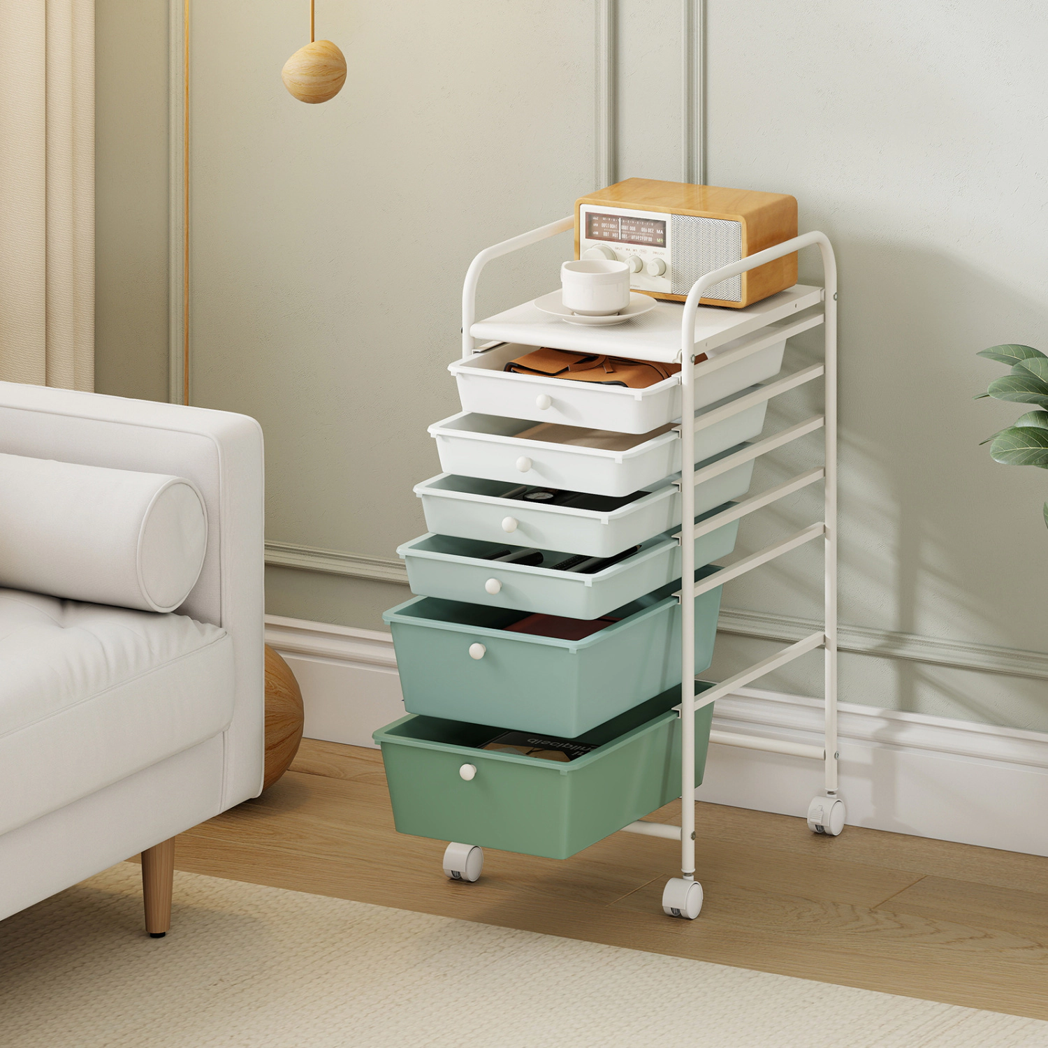 SUGIFT Green Gradient 6-Drawer Rolling Storage Cart Mobile Plastic Drawer Organizer with Locking Casters