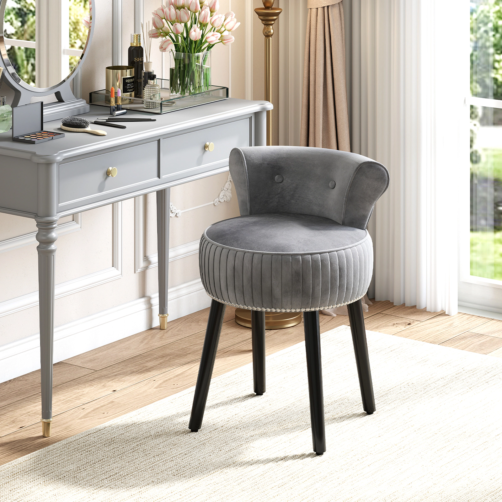 SUGIFT Velvet Vanity Chair Gray Upholstered Stool with Tufted Low Back and Wood Legs