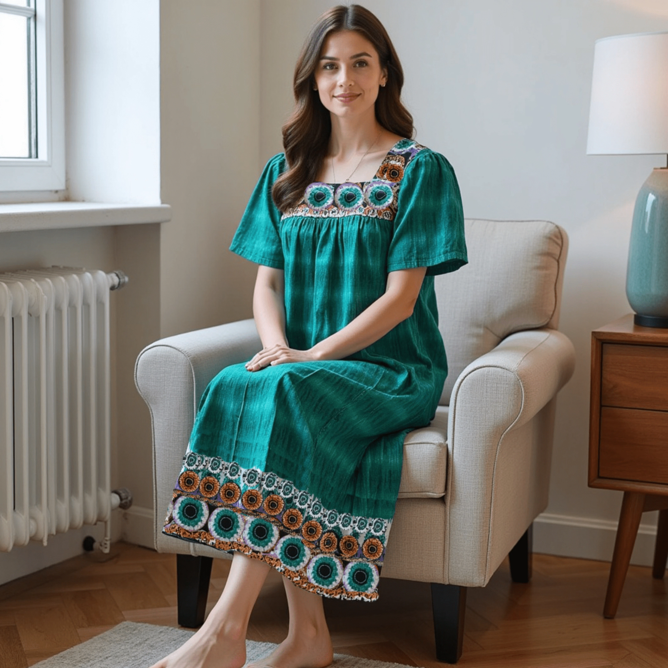 Loungees Border Print Cotton Lounge Dress House Caftan Square Neck Yoke Short Sleeve