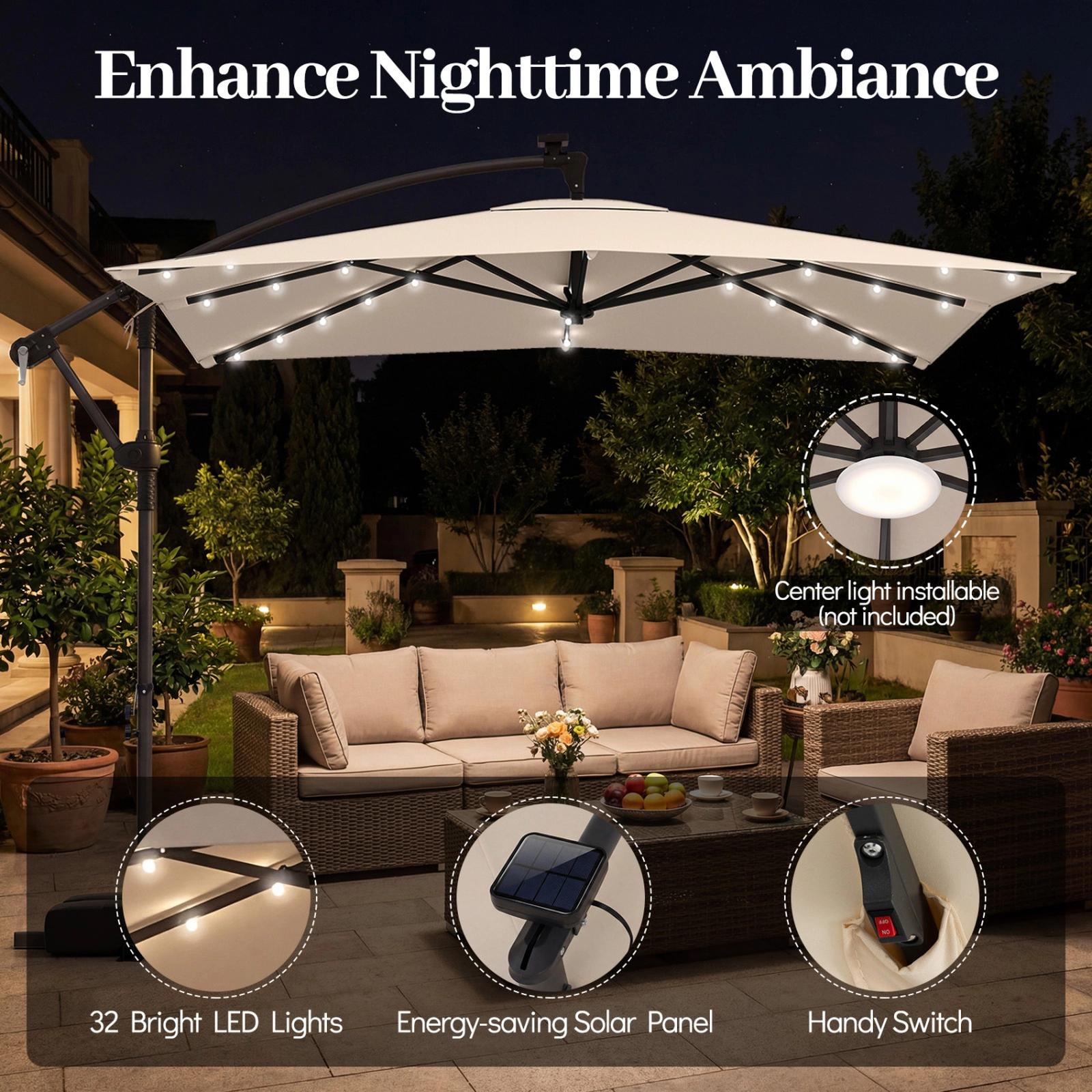 SUGIFT 8-ft Beige Square Solar Offset Cantilever Patio Umbrella with 7-ft Clearance Crank Lift and Cross Base