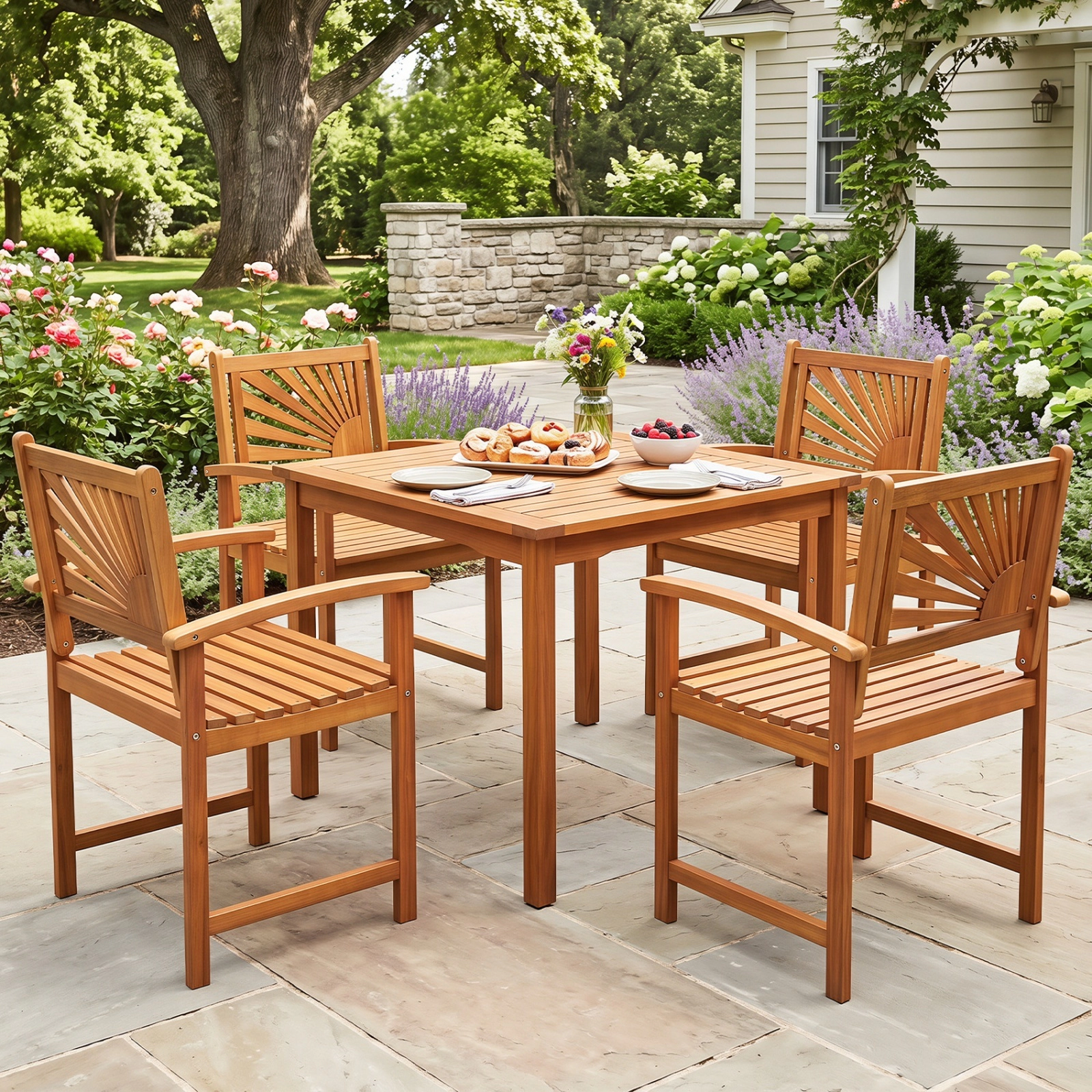 SUGIFT Set of 2 Outdoor Acacia Wood Dining Chairs, Curved Arms, Slatted Seats, 18 in Seat Height