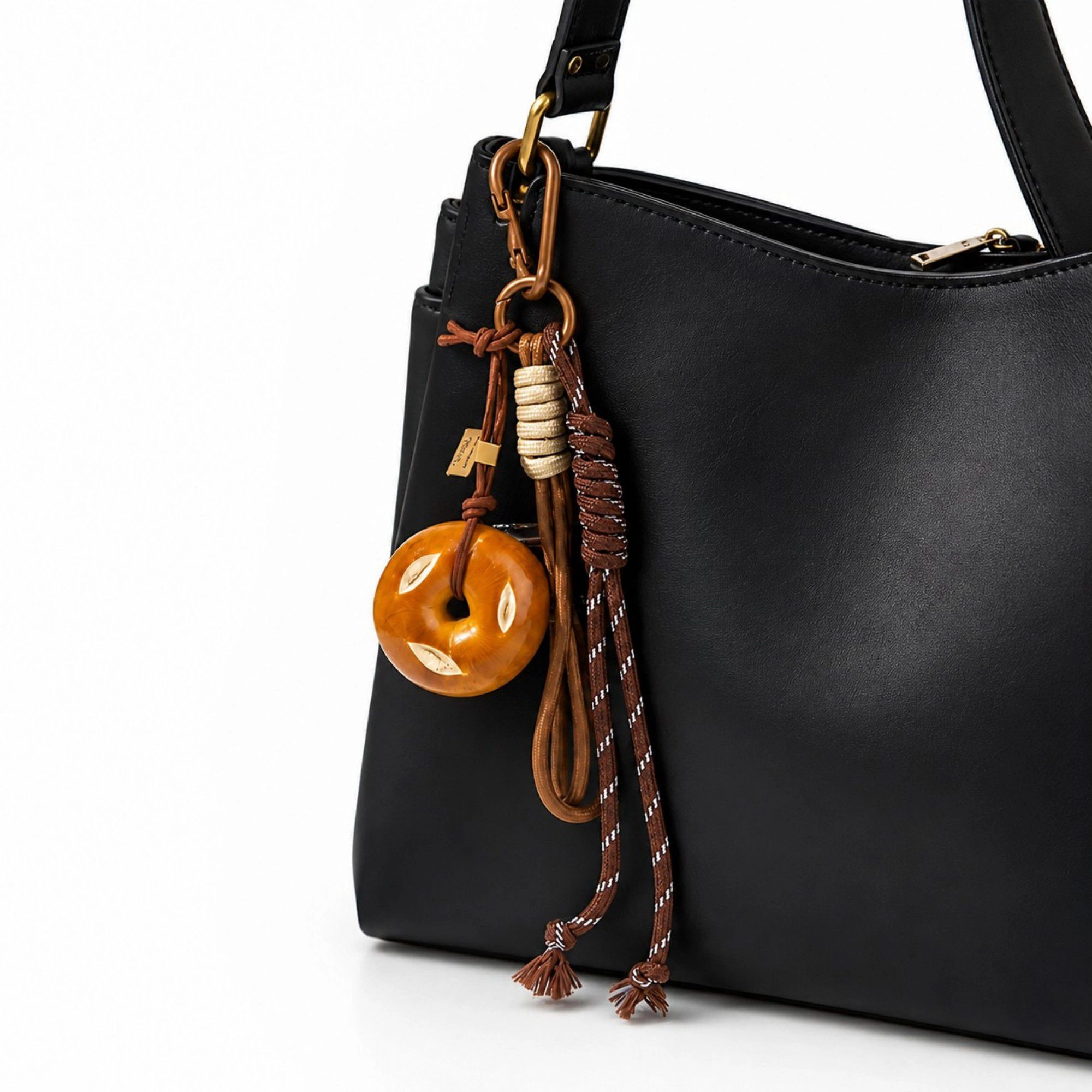Alilang Women's Pretzel Keychain Bag Charm with Brown Cord Tassel Carabiner Clip and Gold Tone Accent