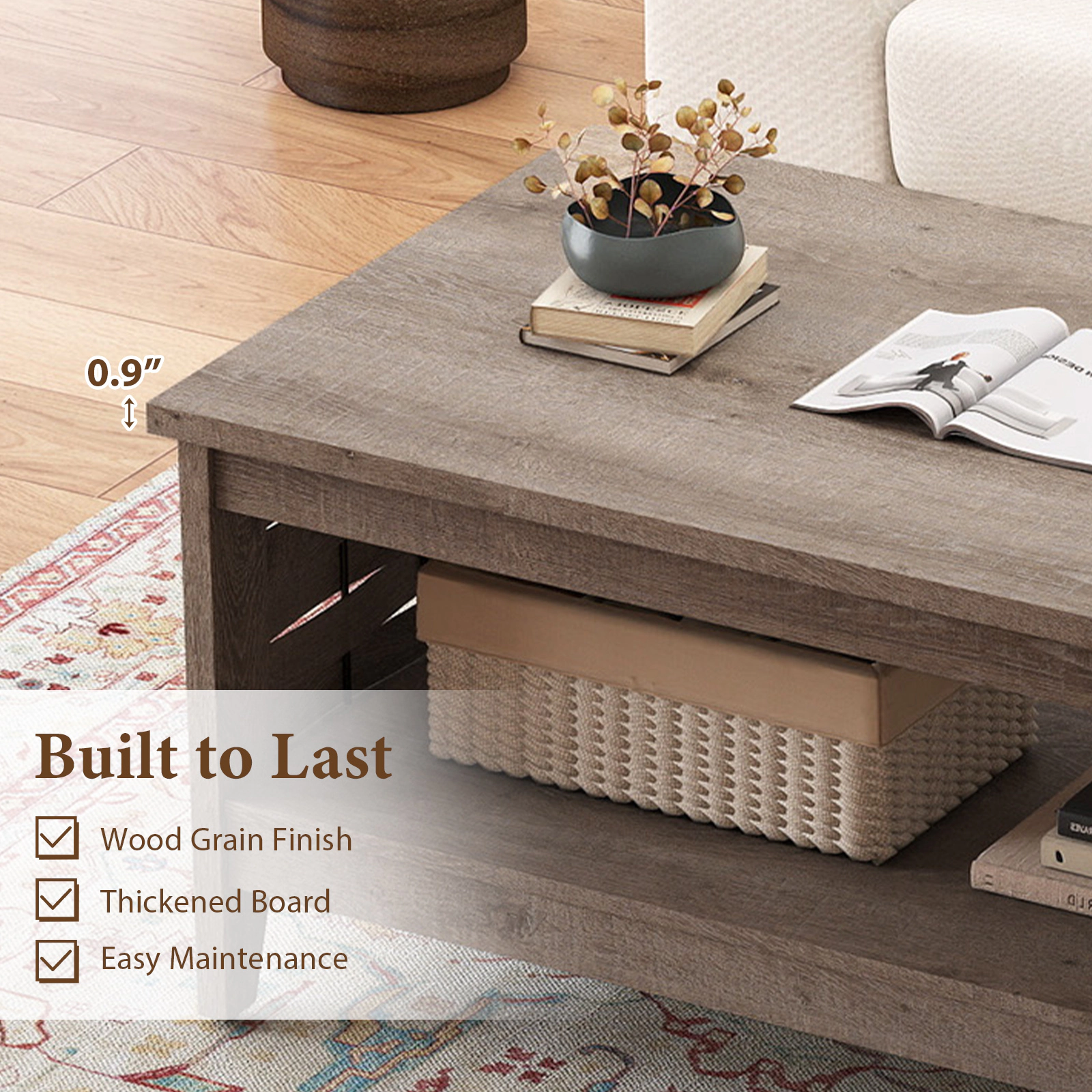 SUGIFT 2-Tier Woven Lattice Ends 0.9-in Board Farmhouse Coffee Table 39.5-in x 23.5-in x 19-in 135-lb Capacity Oak