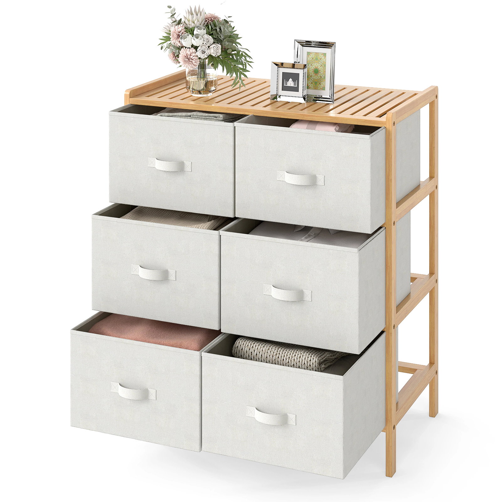 Glintex 6-Drawer Bamboo Fabric Dresser with Slatted Top and Anti-Tip Kits, Natural