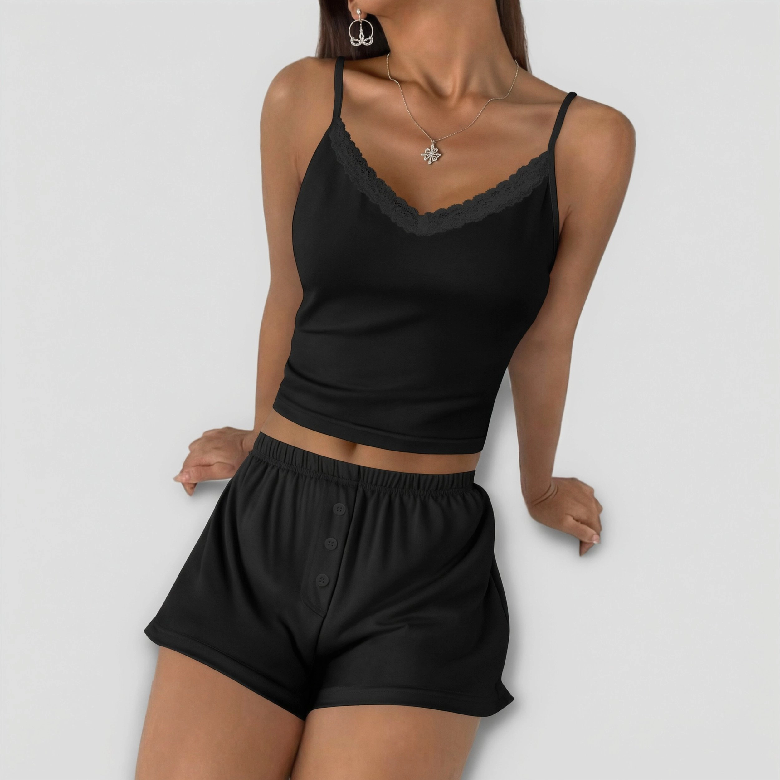 Ekouaer Cami Pajama Sets YK Two Piece Lace Crop Top and Shorts Pjs Summer Lingerie for Women
