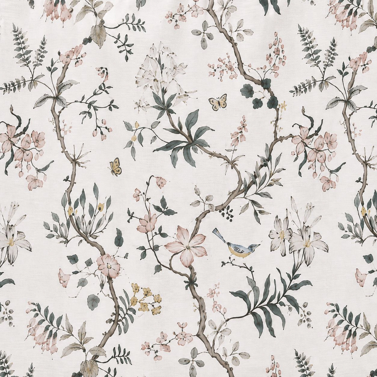 Kate Aurora Botanical Gardens & Birds Chic Fabric Shower Curtain
