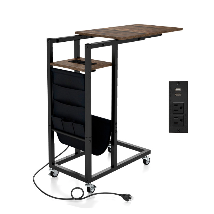 Hivvago C-Shaped End Table With Charging Station And Retractable Tabletop-Coffee