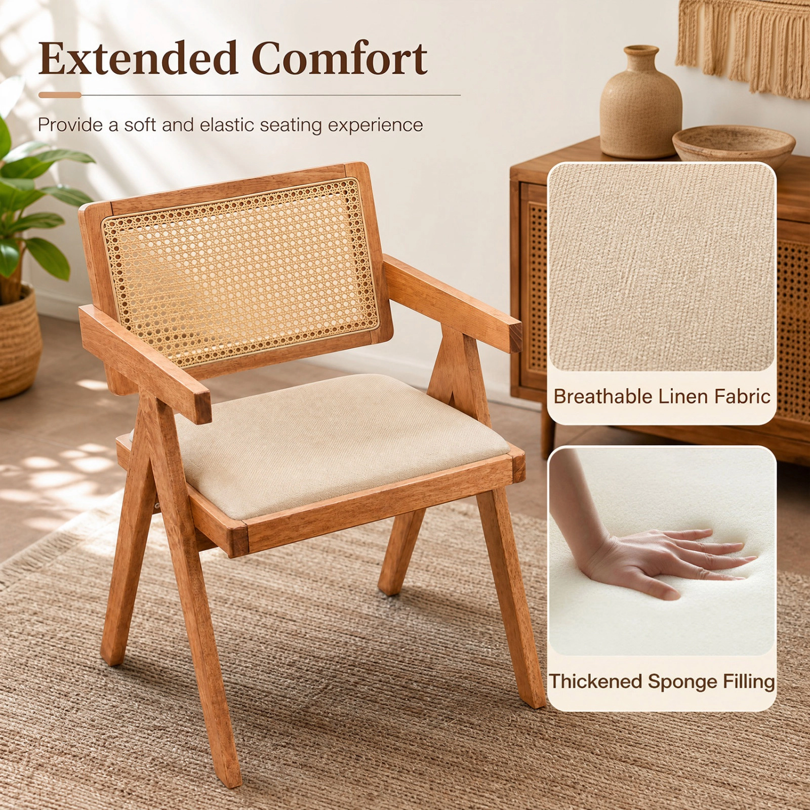 SUGIFT Set of 2 Rattan Accent Chairs Beige with Padded Cushions and Rubber Wood Frame