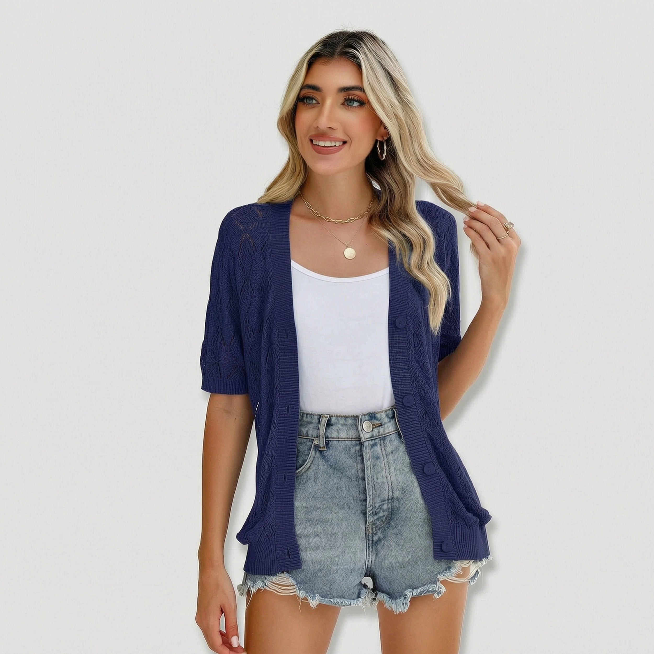 Zeagoo Women's Short Sleeve V-Neck Crochet Cropped Button Up Cardigan