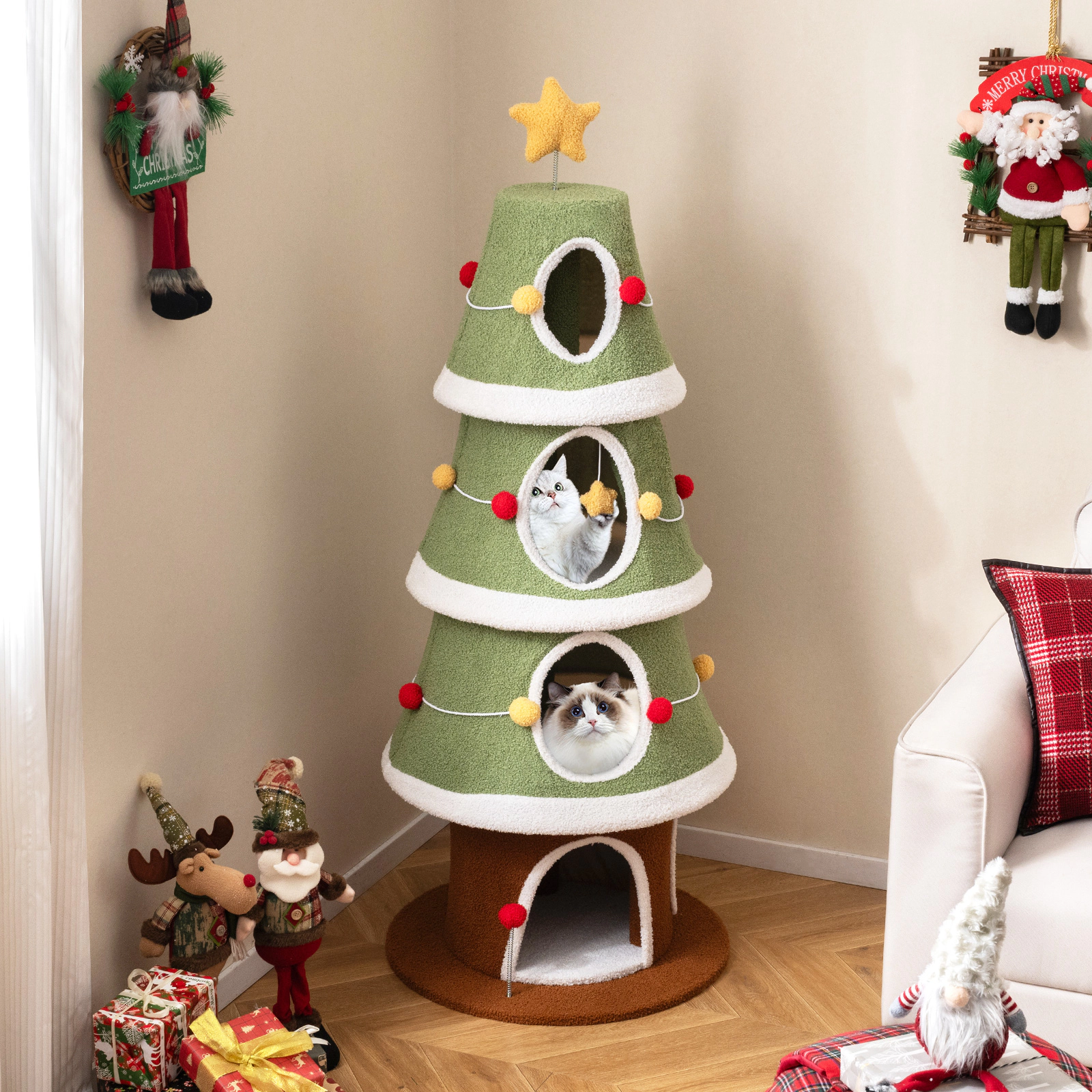 SUGIFT Green 61 in Christmas Cat Tree Holiday Cat Tower with 4 Condos
