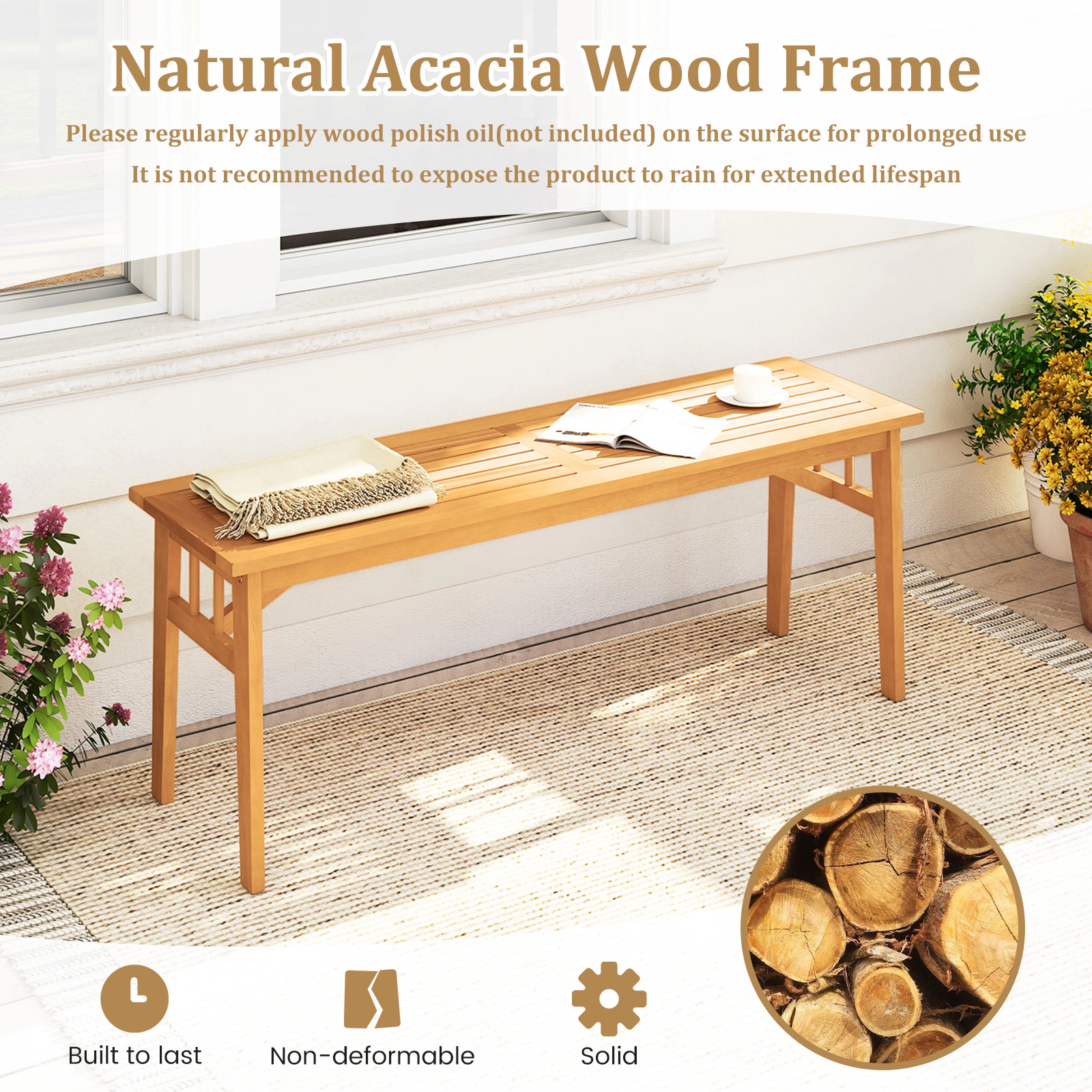 SUGIFT Set of 2 48-Inch Natural Acacia Wood Dining Benches, 800-lb Capacity