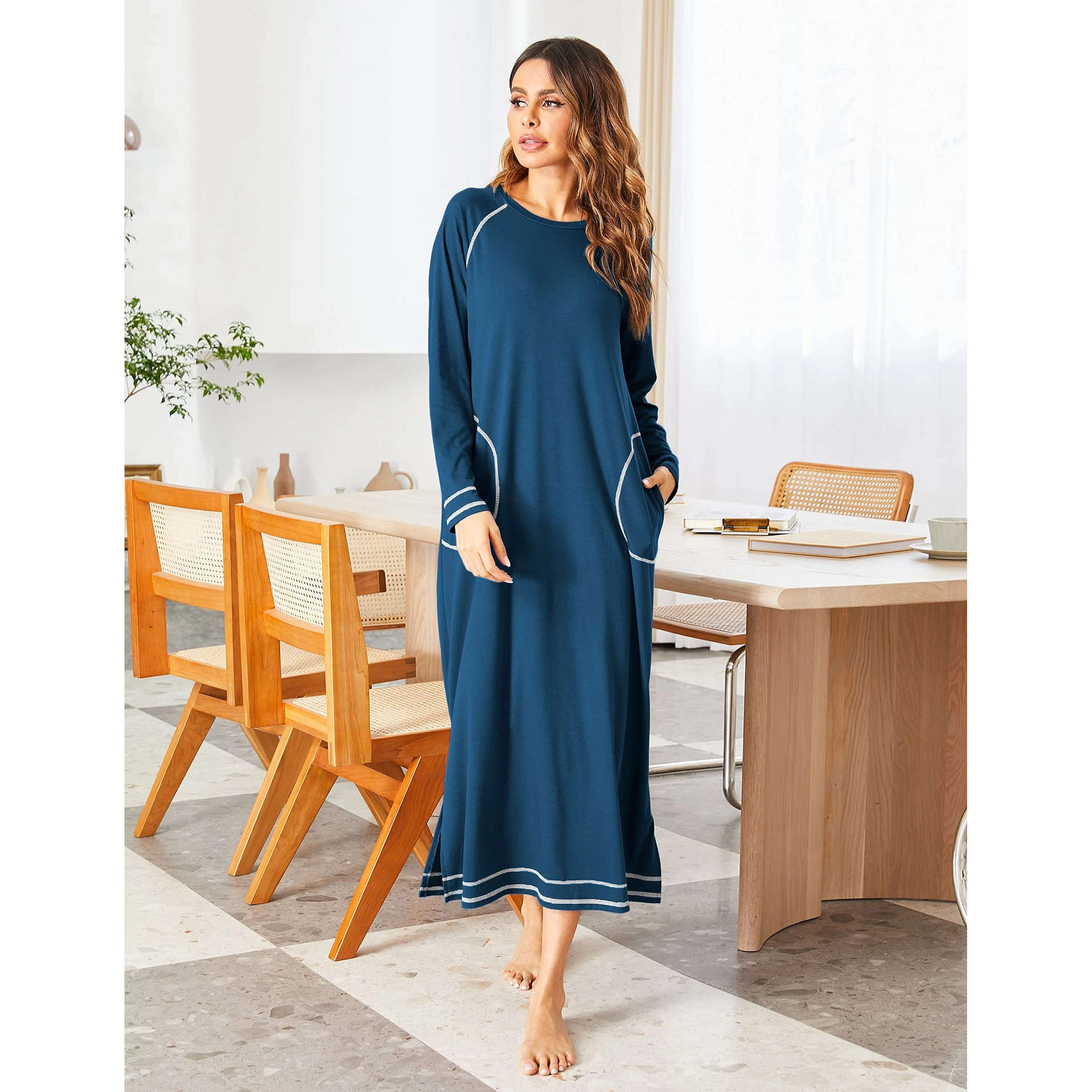 Ekouaer Women's Nightshirt Long Sleeve Nightgown Round Neck Sleepwear Full Length Pajama Dress