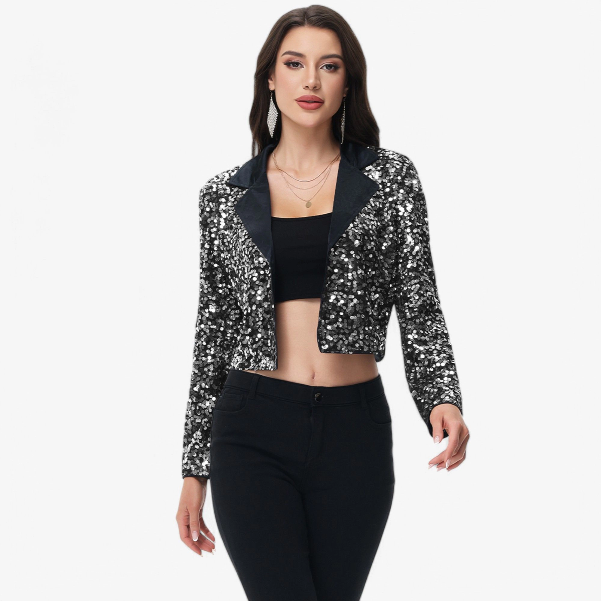 Anna-Kaci Women's Sequin Cropped Blazer Long Sleeve Sparkly Open Front Jacket