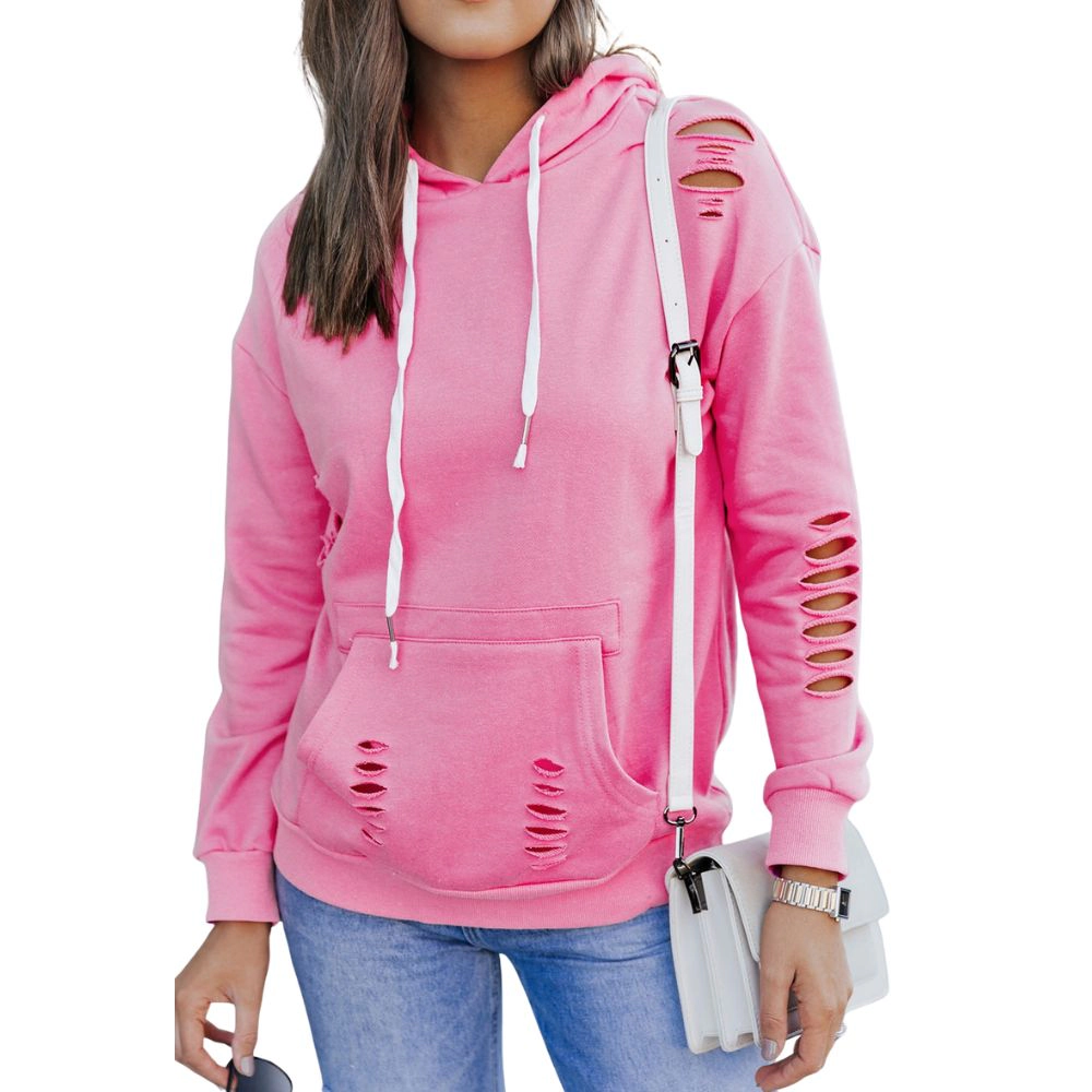 Sol Living Womens Solid Ripped Hooded Sweatshirt with Kangaroo Pocket
