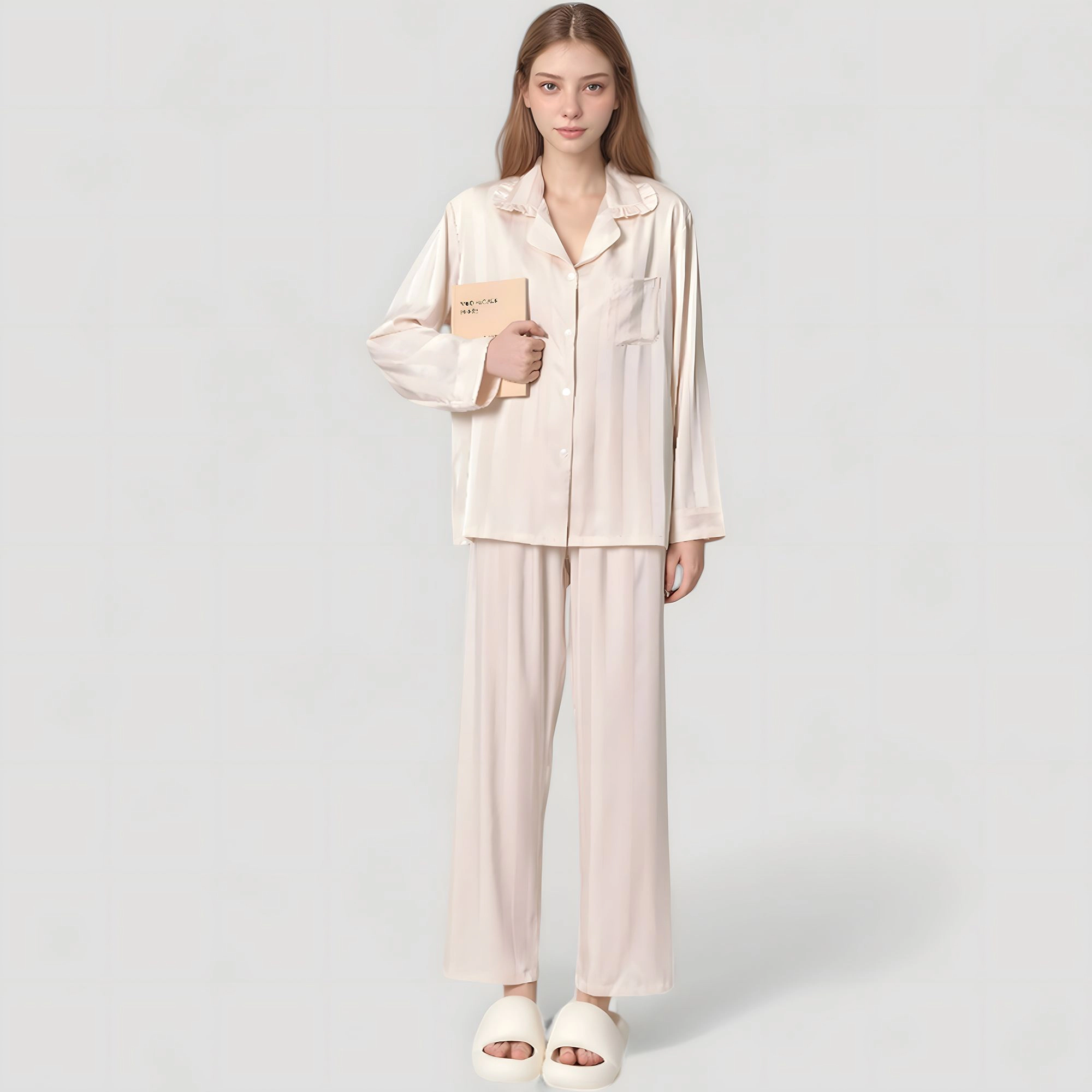 Anna-Kaci Women's Long Sleeve Button Down Satin Pajama Top with Ruffle Collar and Wide Leg Pants Sleepwear Set