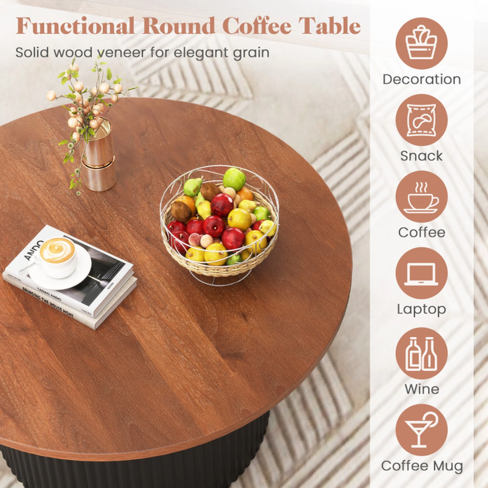 SUGIFT 32-in Round Coffee Table with Solid Wood Frame and Wooden Top 220-lb Capacity Natural and Black 1-Piece