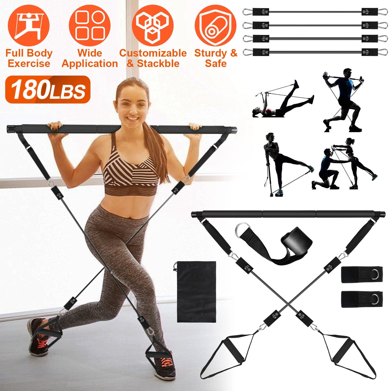 GBruno 100 LBS Pilates Bar Kit With Resistance Bands
