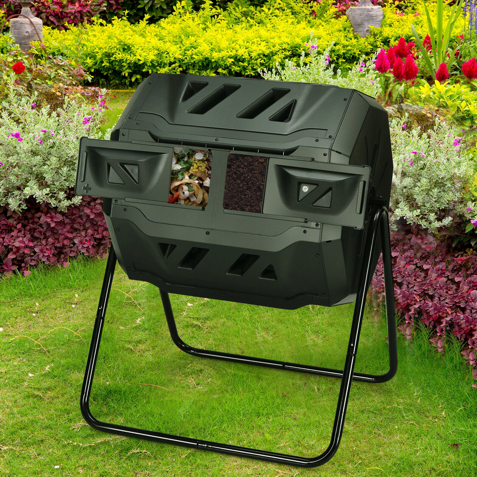 SUGIFT Dual-Chamber Rotating Composting Tumbler Bin 43-Gallon Capacity 37-in Tall Black/Green
