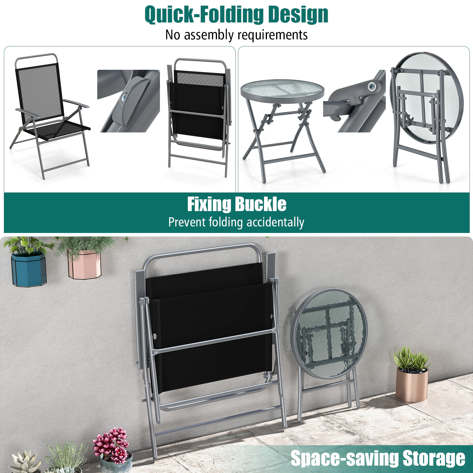 SUGIFT 3-Piece Patio Folding Metal Conversation Set with 27.5-in Chair Seat Depth 330-lb Chair Capacity Black Silver