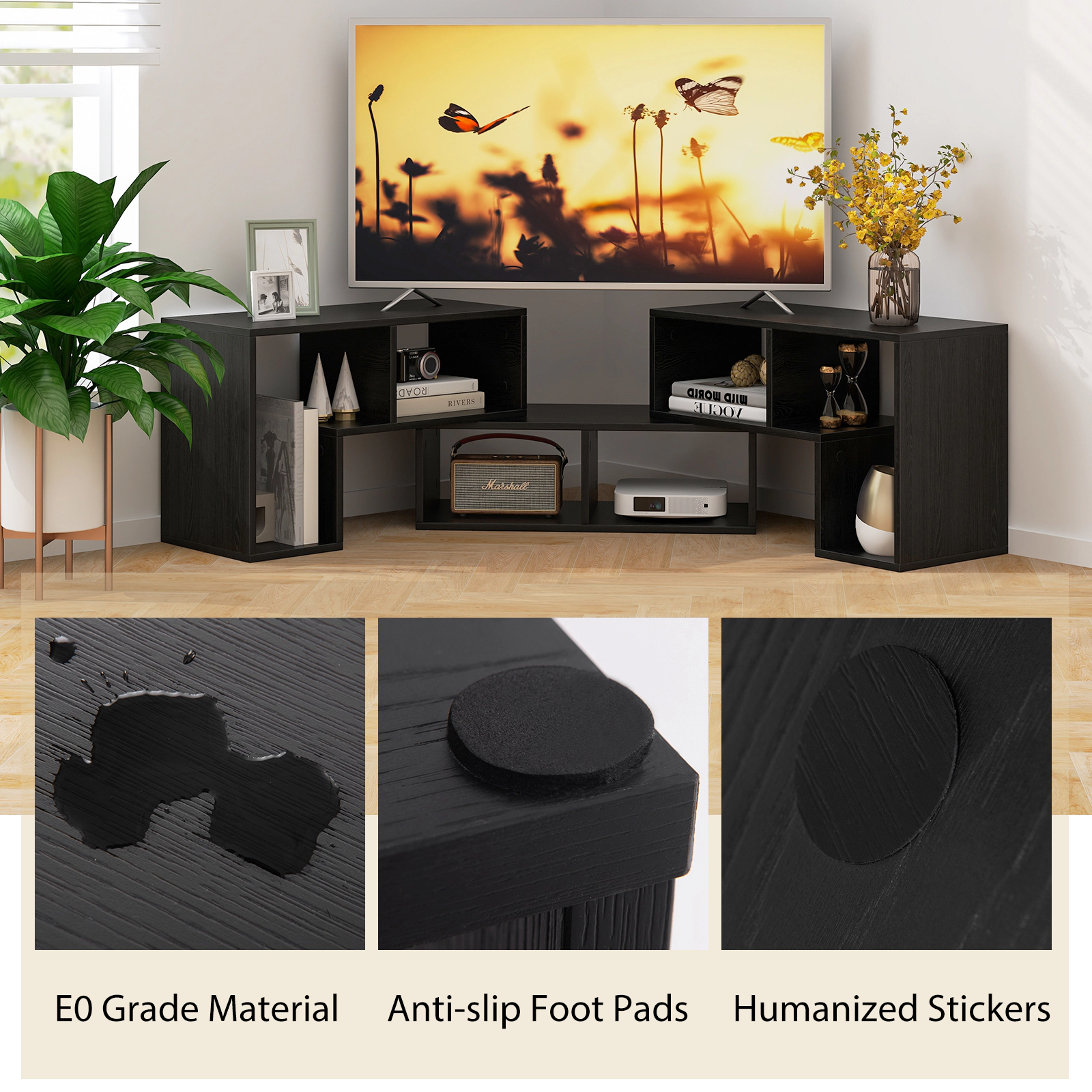 SUGIFT 3-Piece Black TV Stand for TVs up to 65 Inches, 6 Open Storage Bays