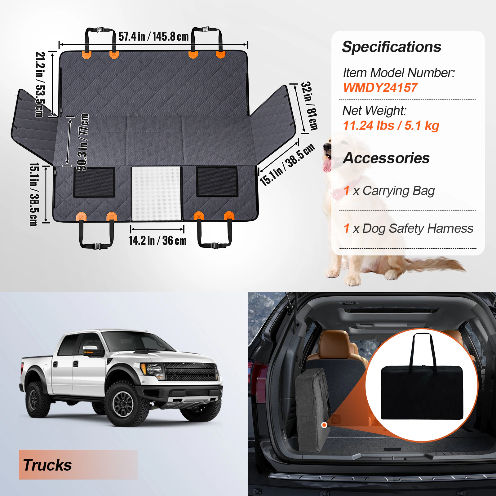 HONGGE Back Seat Extender, Dog Car Seat Cover, Dog Hammock for Car Back Seat Bed