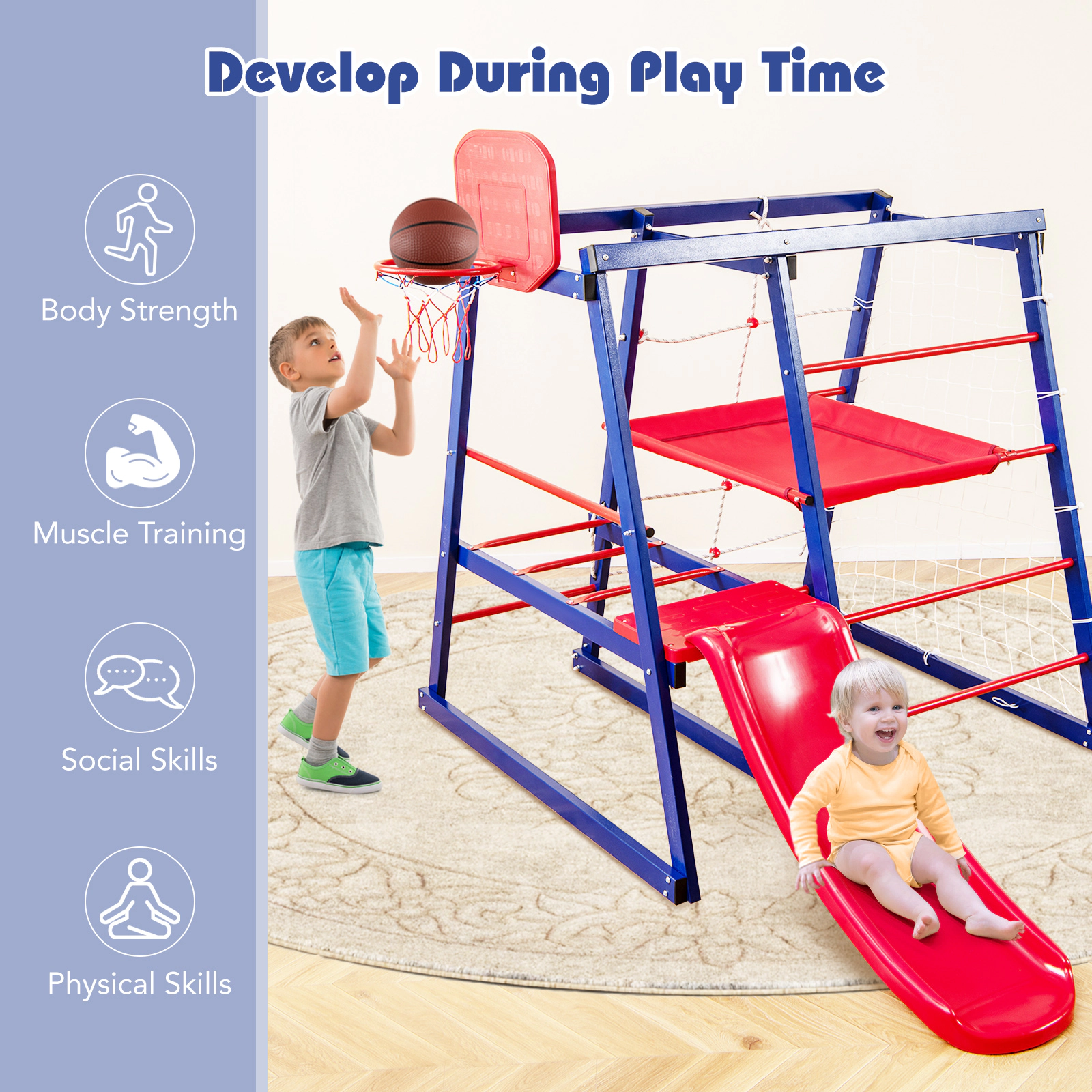 SUGIFT 7-in-1 Metal Toddler Climbing Playset with Slide and Fabric Platform 265-lb Capacity for Ages 3-7 Red Blue