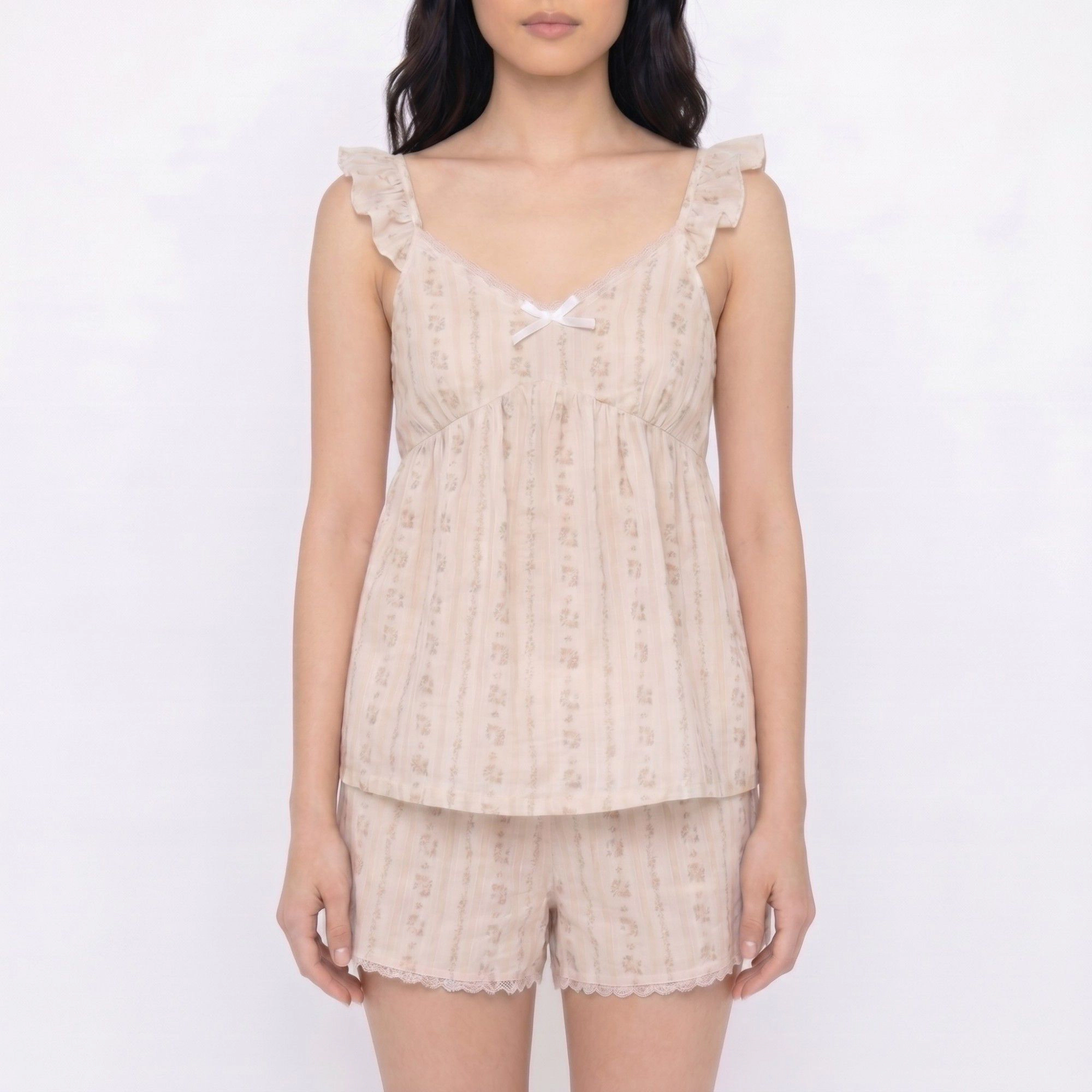 Anna-Kaci Women's 2-Piece Striped Ruffle Strap Cami Top and Shorts Sleepwear Lounge Set Lace Trim Relaxed Flowy Fit
