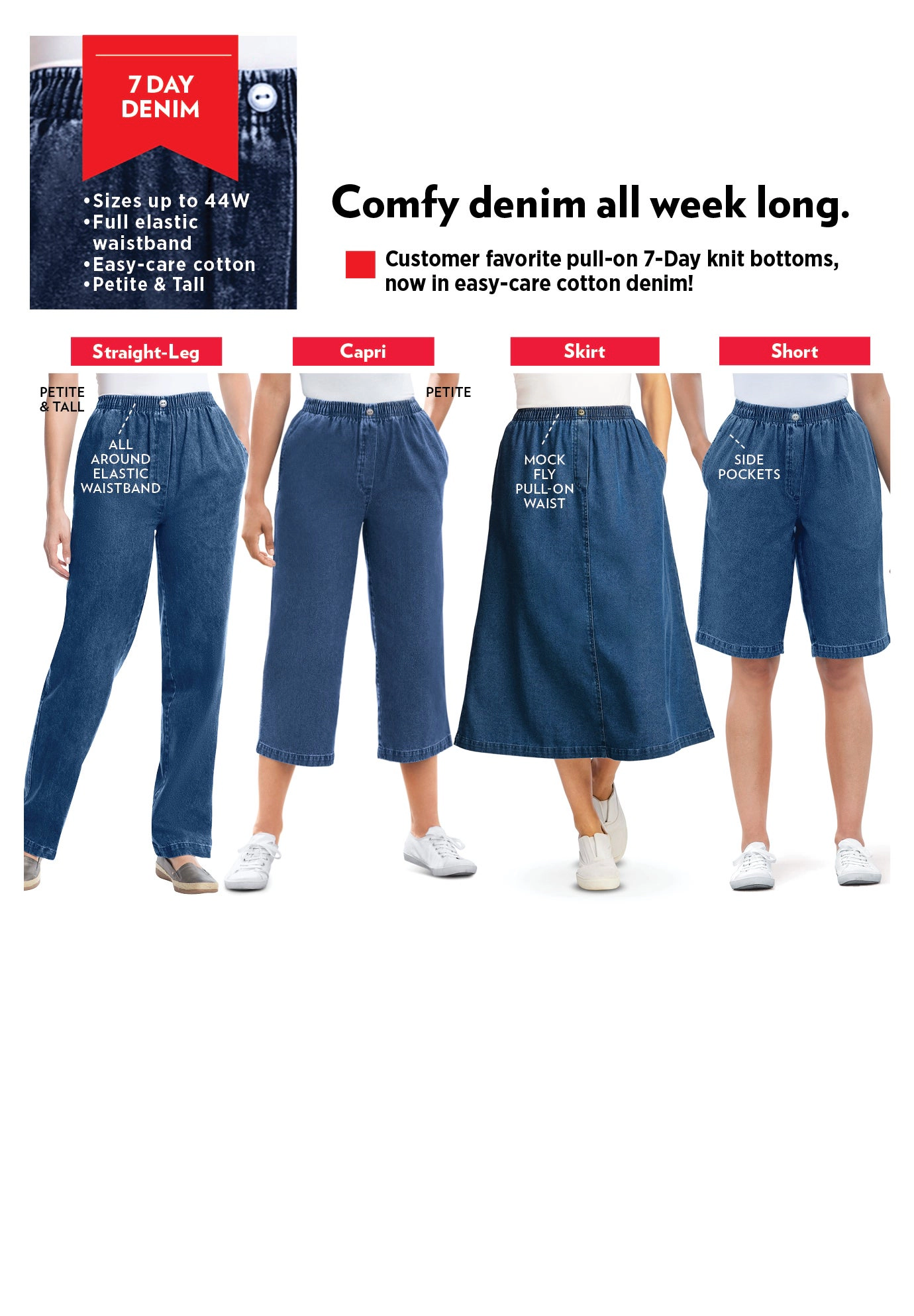 Woman Within Plus 7-Day Straight-Leg Elastic-Waist Cotton Denim Pant