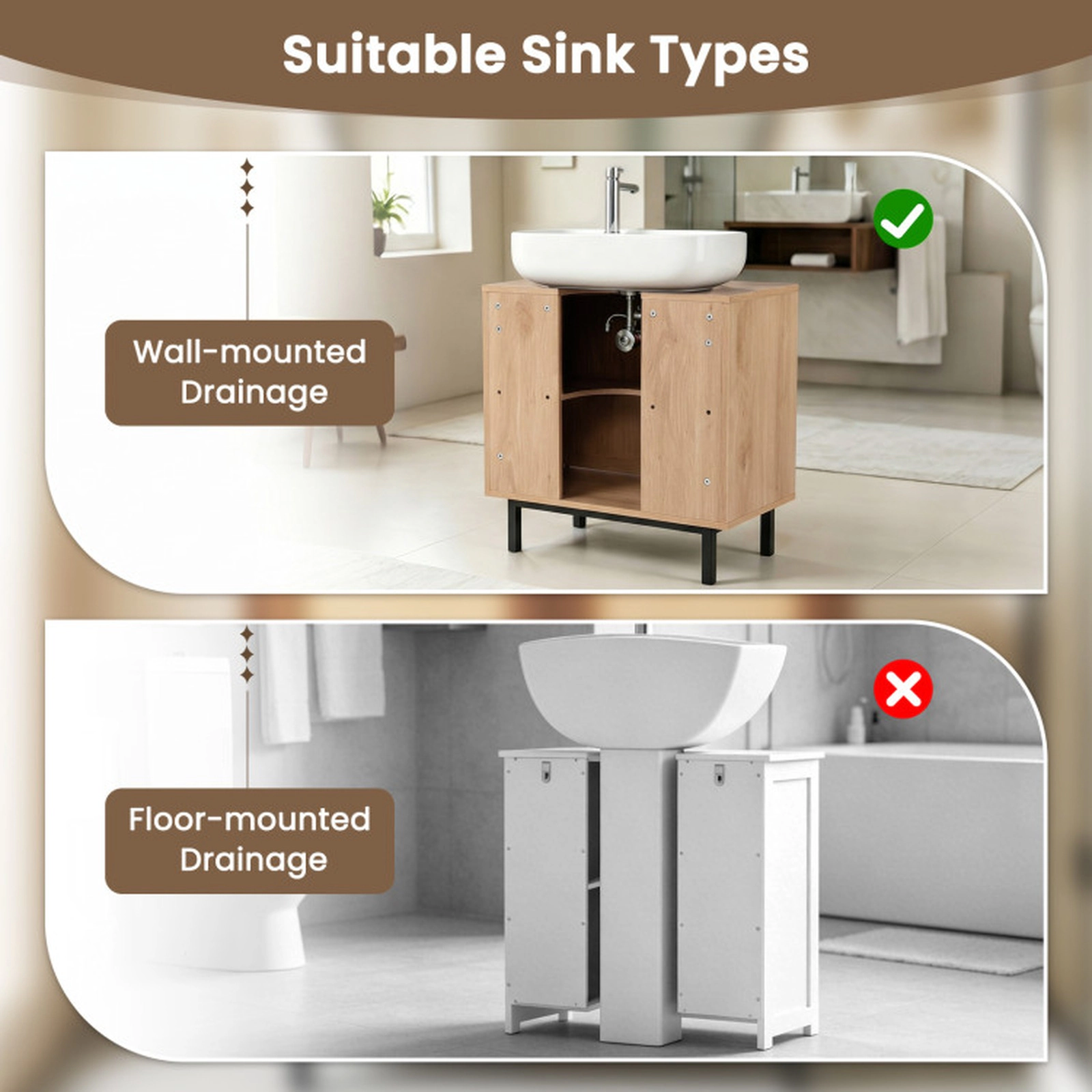 SUGIFT 2 Rattan Doors U-Shaped Cut-Out Under Sink Bathroom Vanity Cabinet 23.5-in x 12-in x 24-in 66-lb Capacity Natural