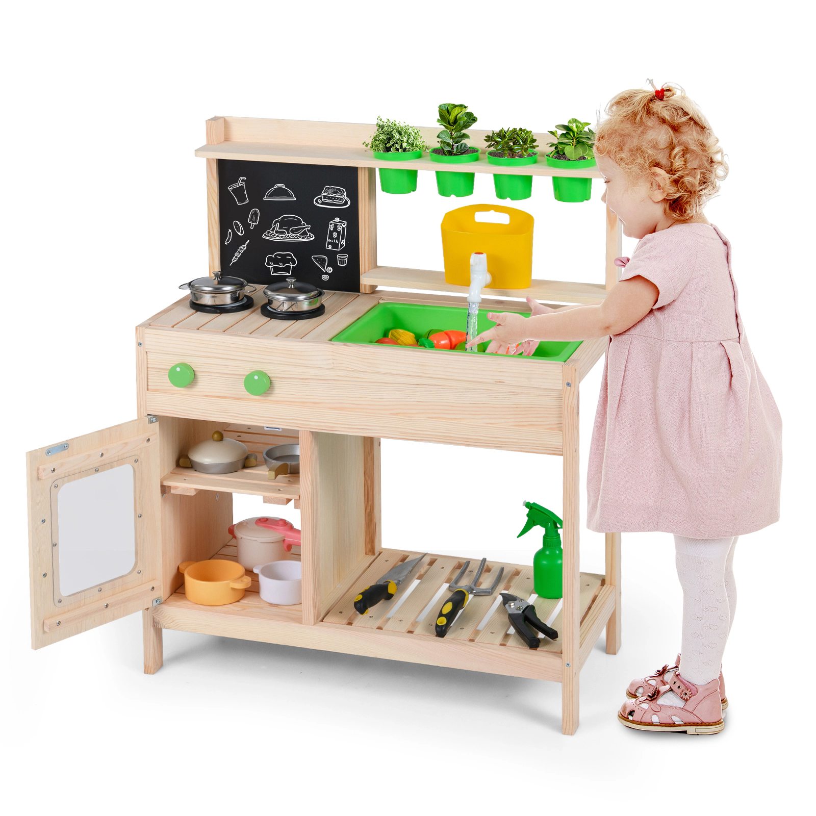 LJG Kids Mud Kitchen Play Pretend Kitchen with Chalkboard for Kids Aged 3+