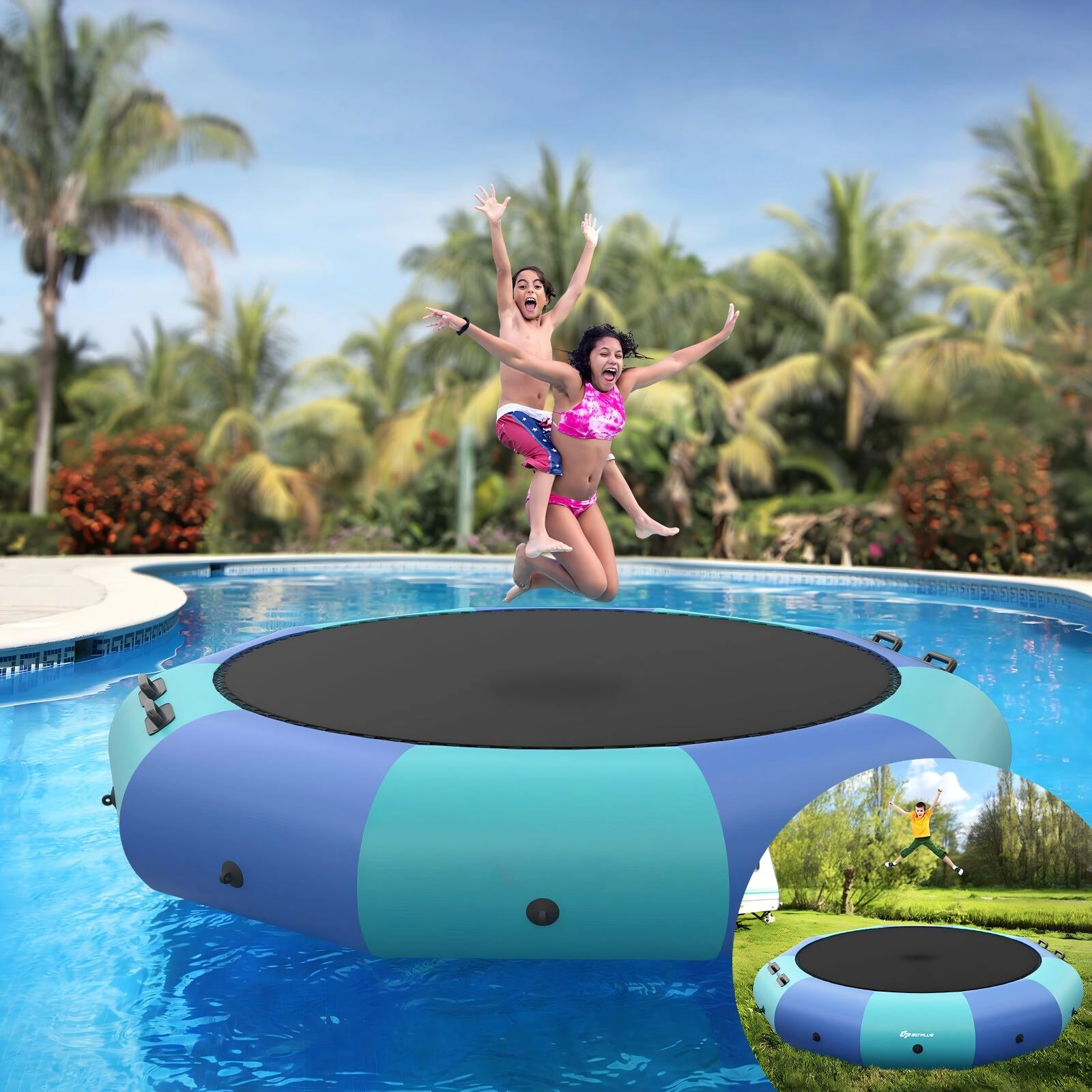 SUGIFT Inflatable Splash Water Bouncer Trampoline 330-lb Capacity Ages 14+ 96.5-in Bouncing Area Yellow/Blue Green